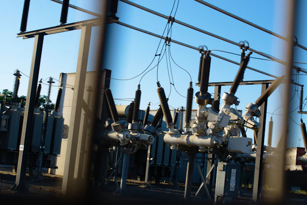 Utility substation with transformers and power lines