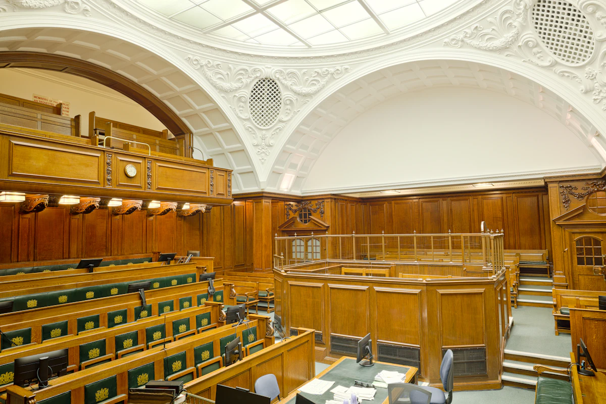 Empty courtroom interior, representing legal and court interpreting