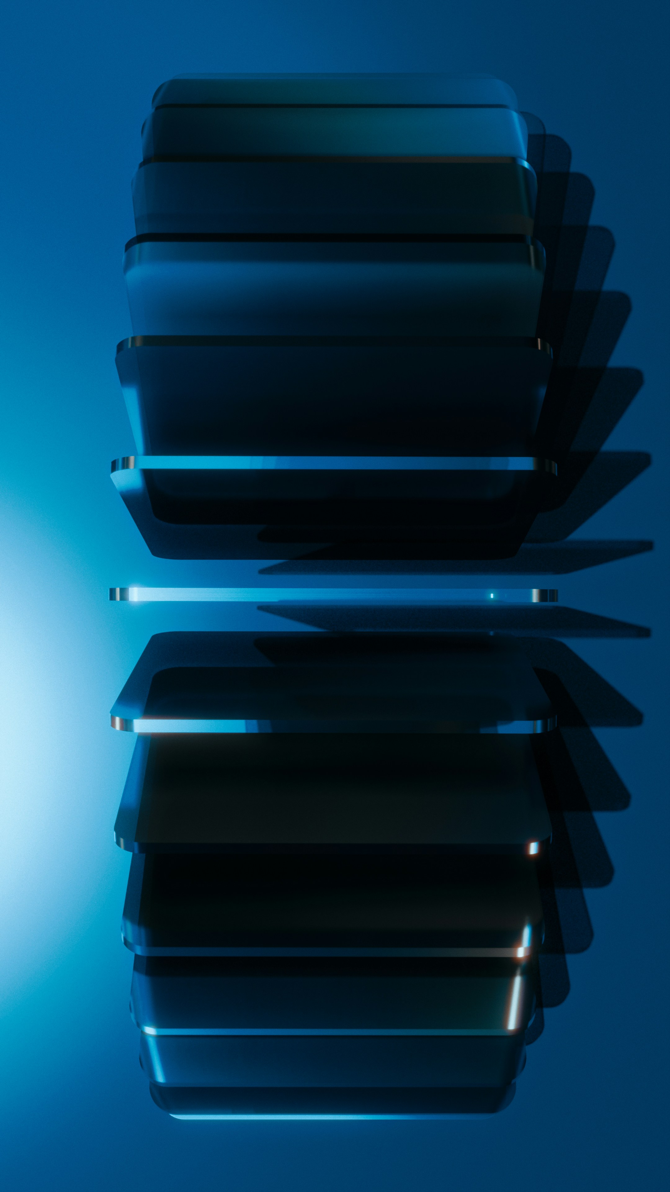 Glowing rectangle separates stacked dark shapes on blue background