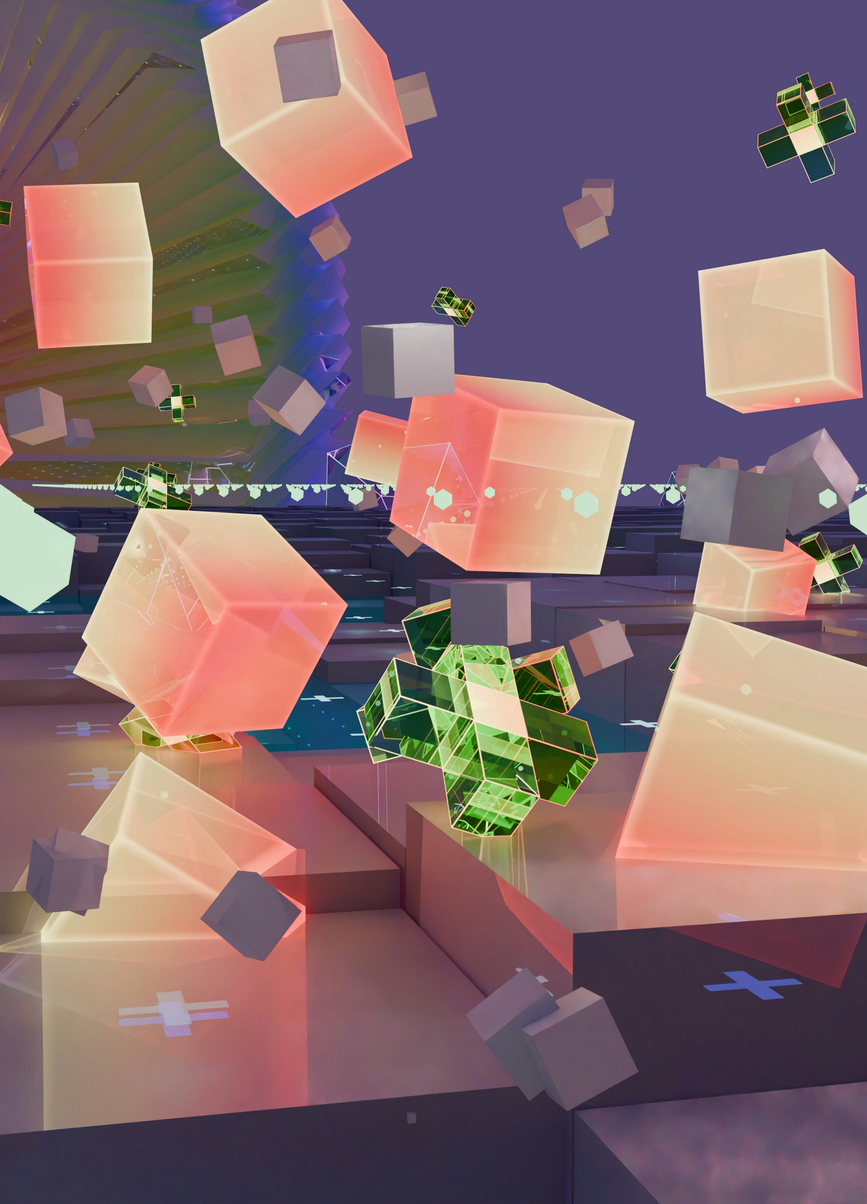 Abstract digital scene with glowing translucent cubes