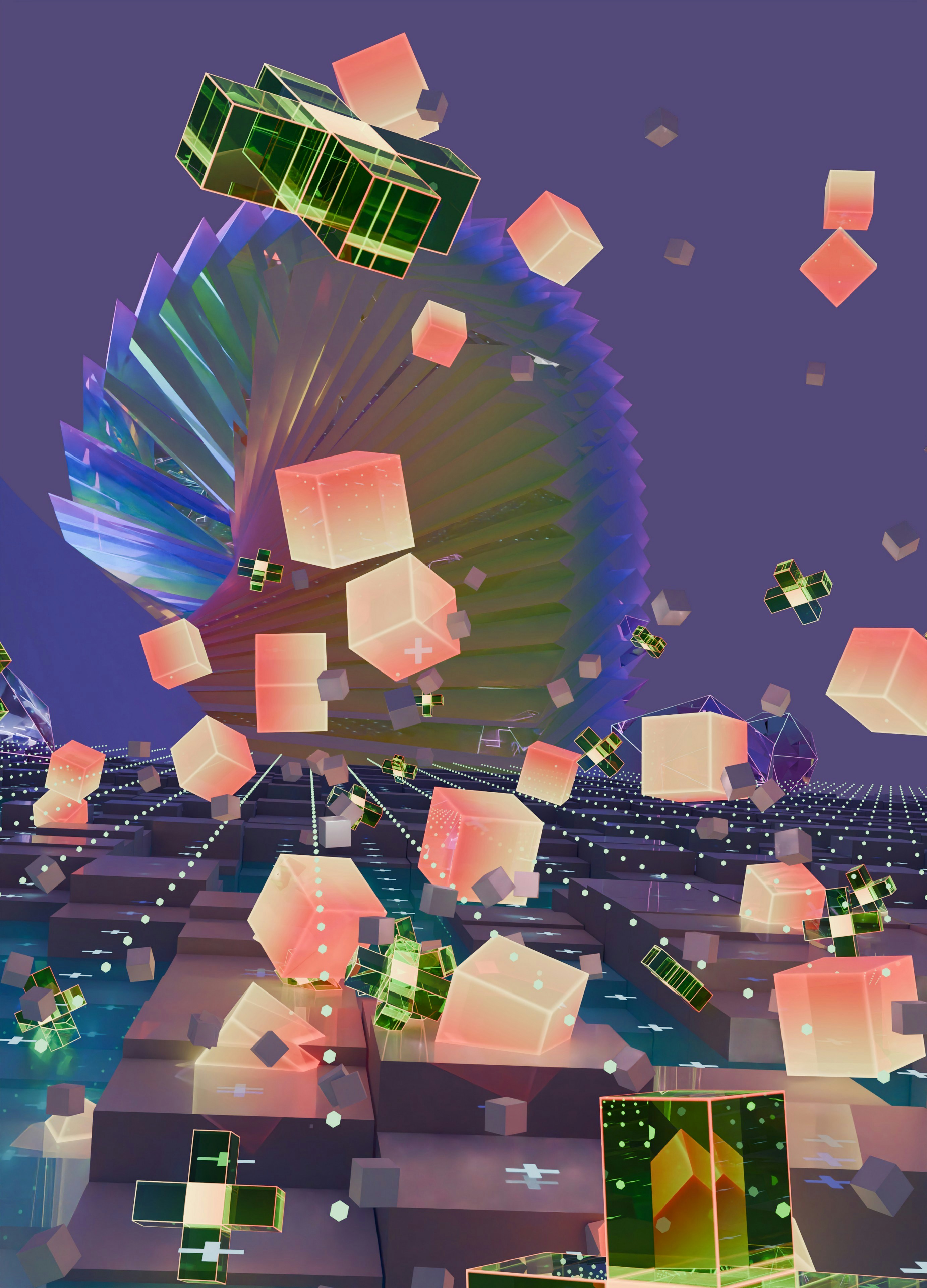 Des cubes abstraits lumineux et des formes géométriques dans un environnement numérique.