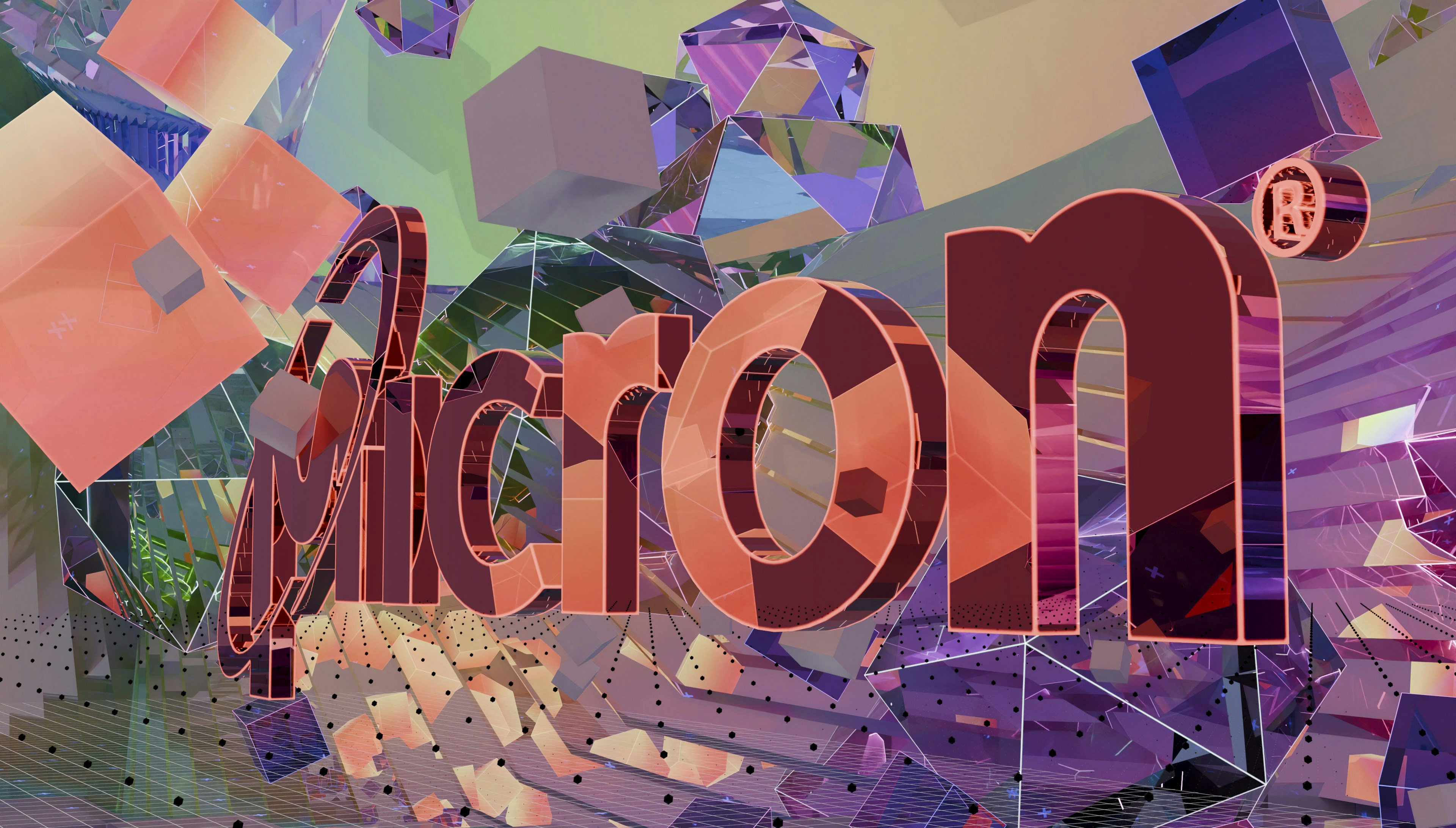 Logo micron stylisé entouré de formes géométriques colorées et réfléchissantes.