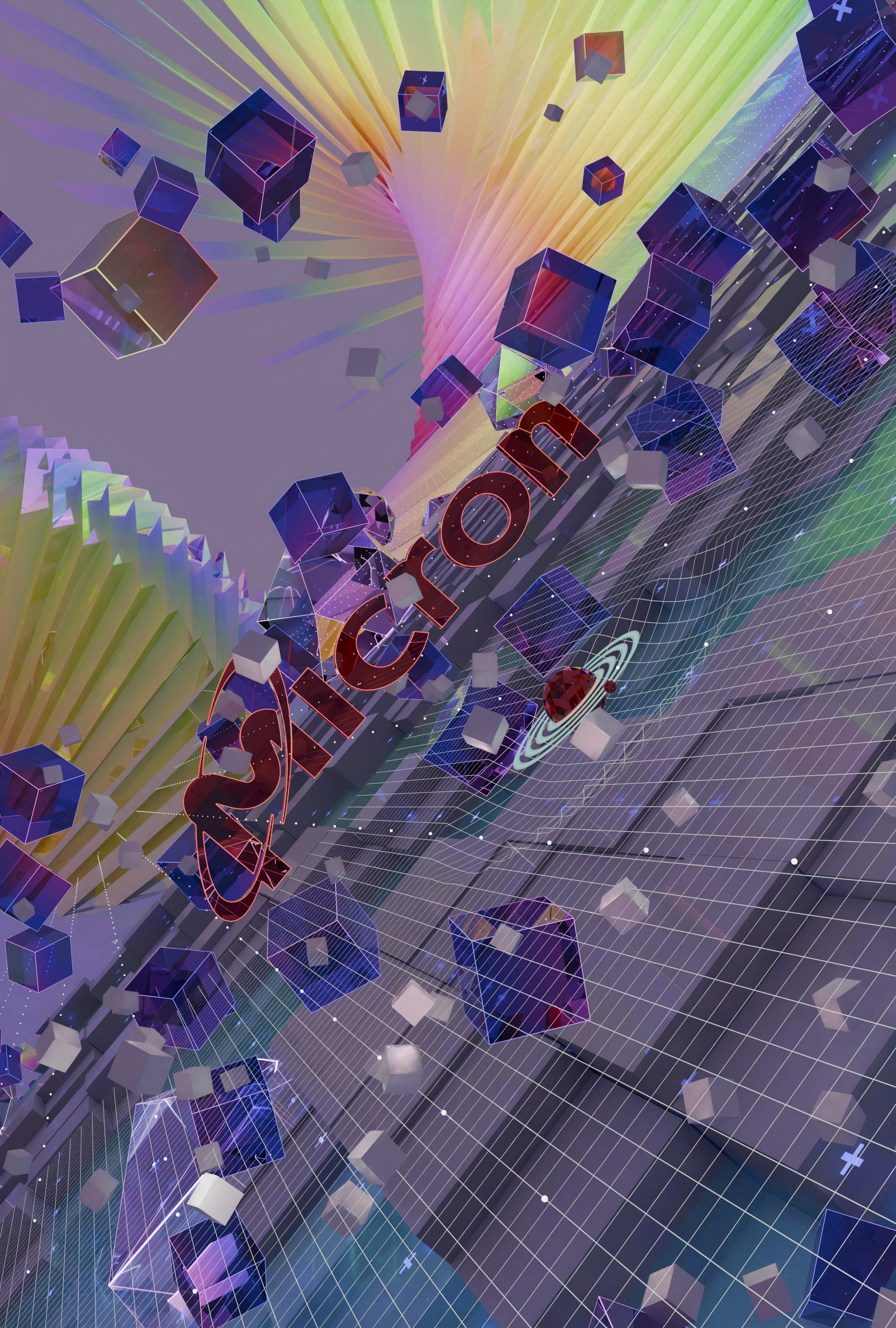 Micron logo amidst floating cubes and colorful abstract lines