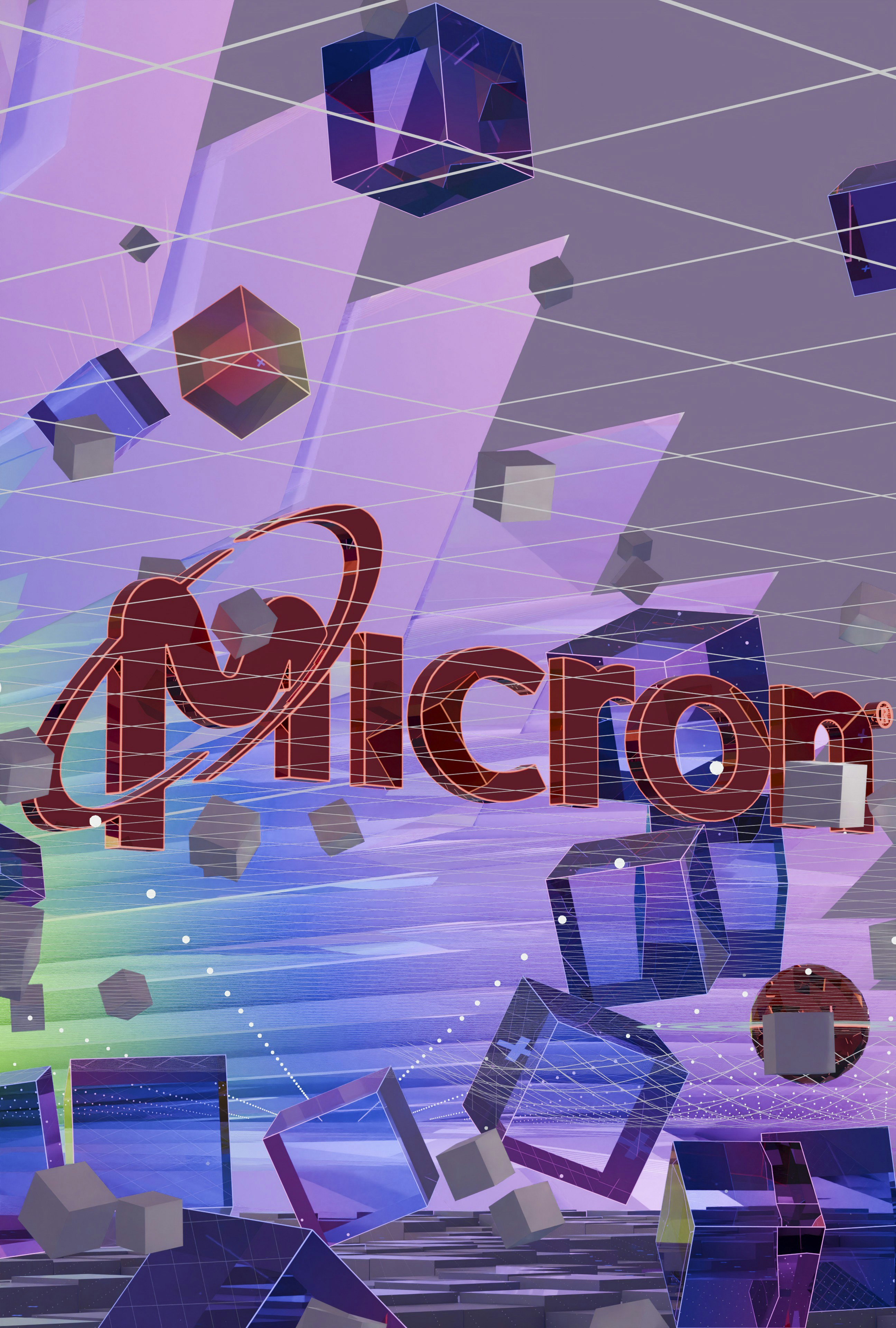Texte micron avec des formes 3D abstraites et un fond numérique coloré.