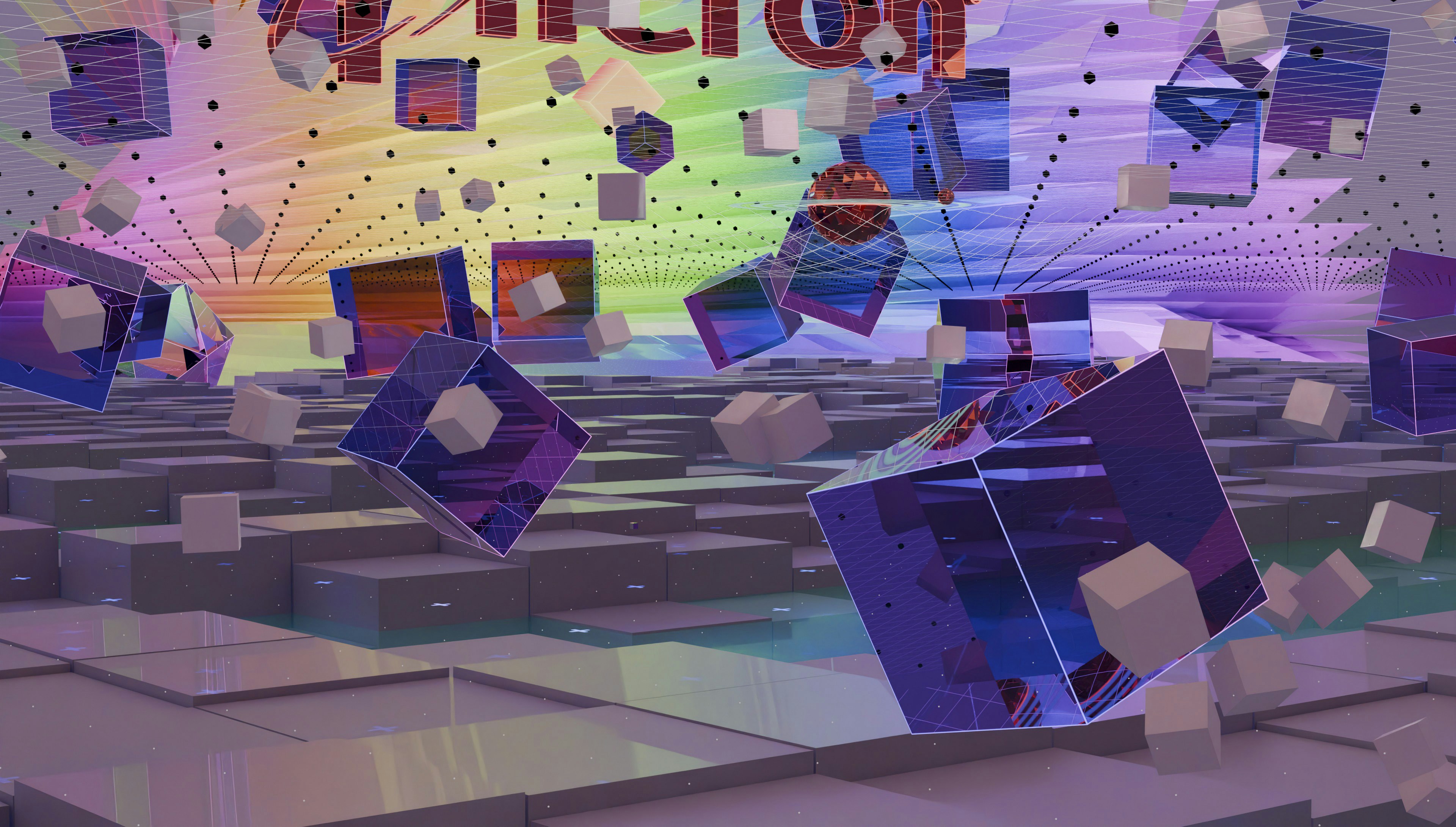 Abstract scene with scattered cubes and a vibrant, colorful background.