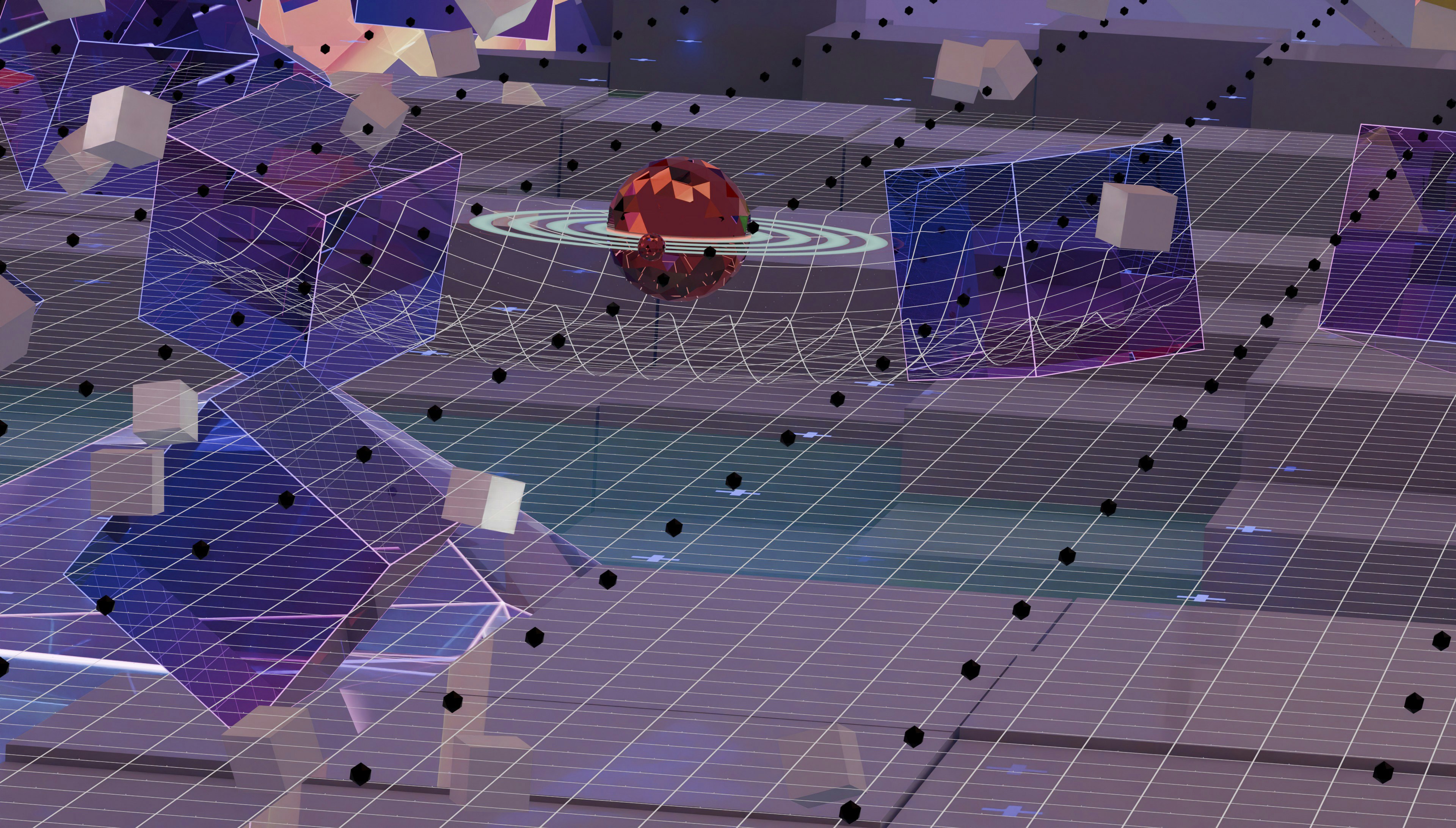 Futuristic grid with transparent cubes and a glowing red core