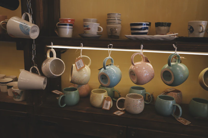 Tasses artisanales colorées présentées sur des étagères