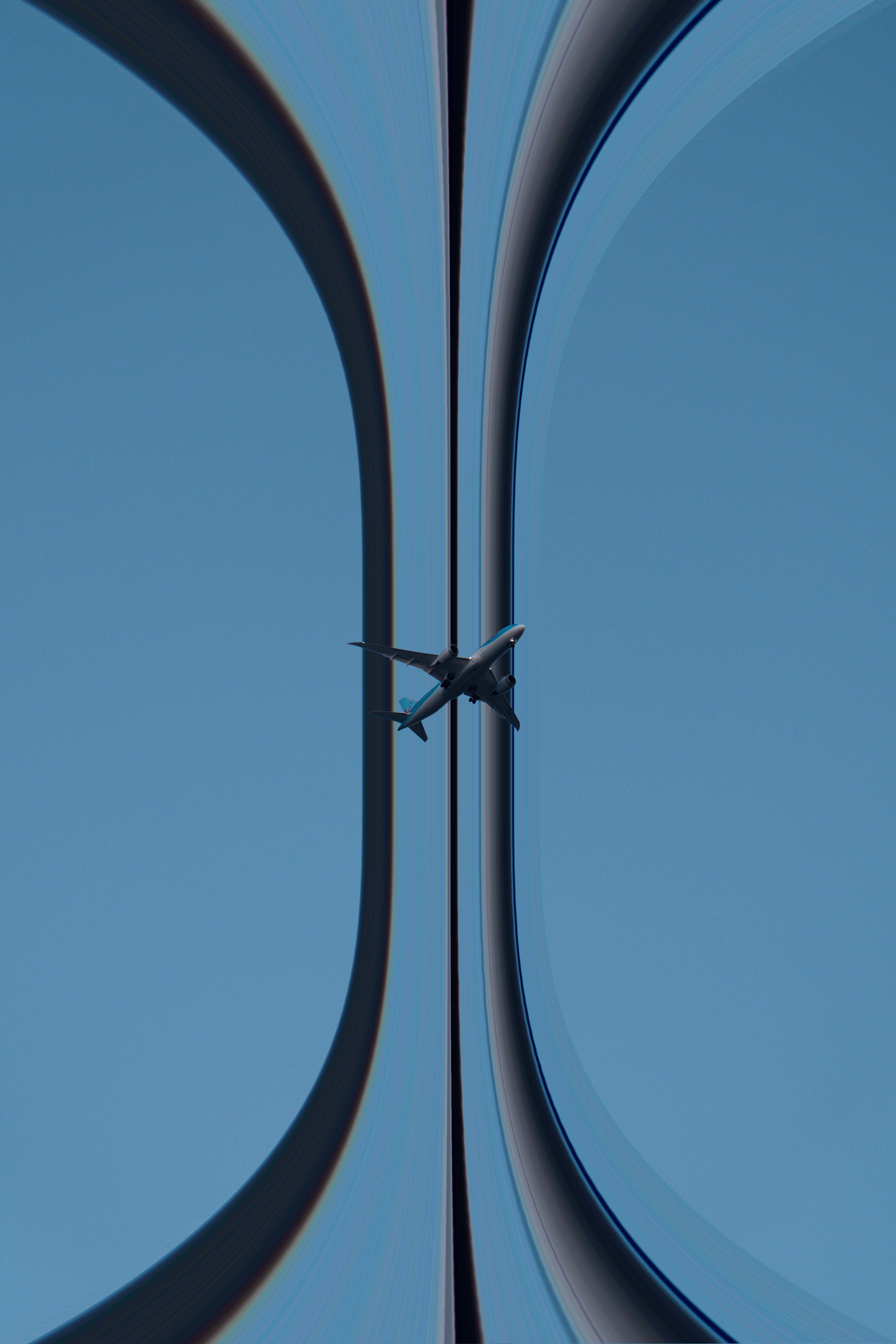 An airplane flying through a distorted blue sky.