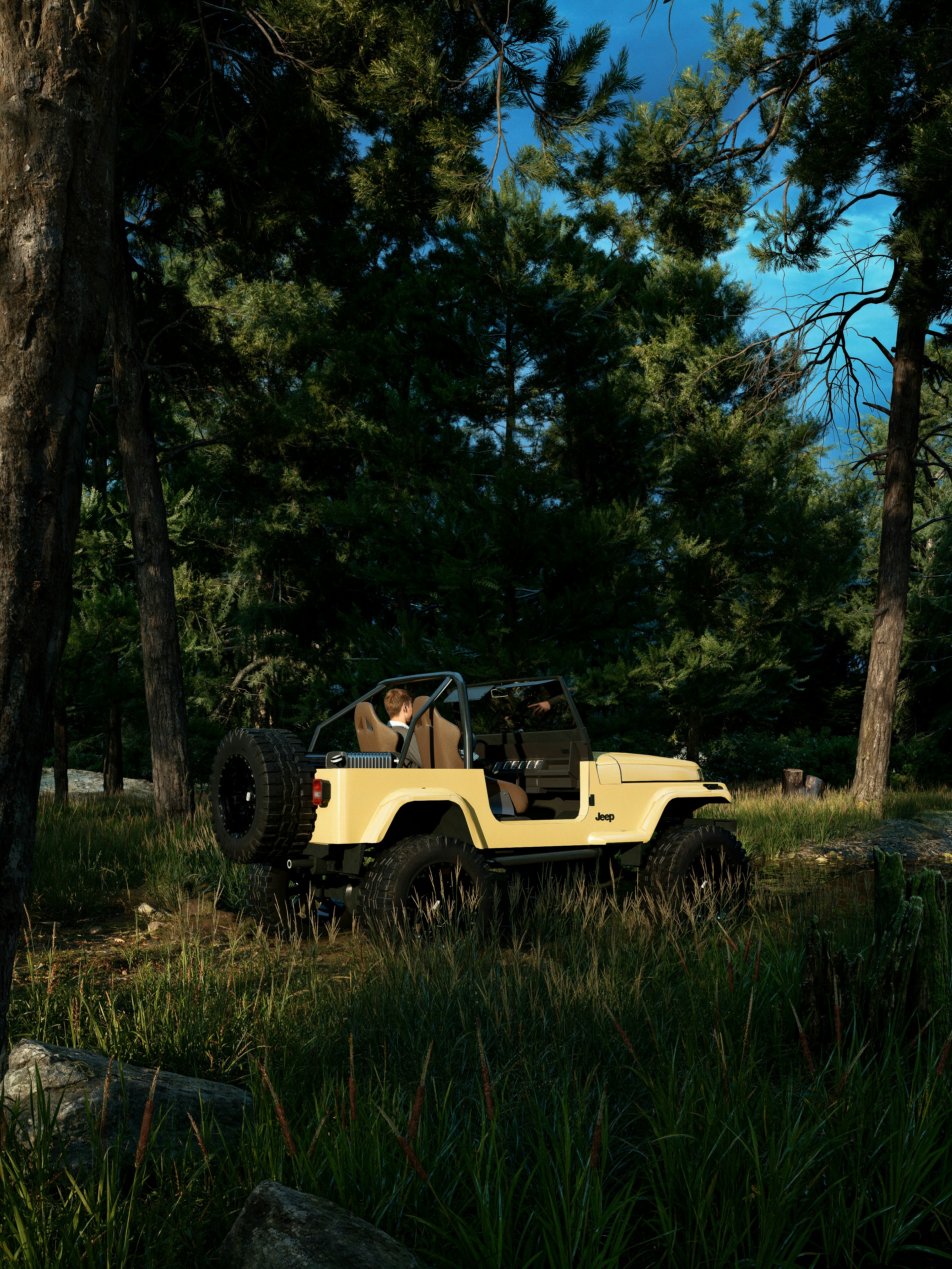 A light-colored jeep parked among tall trees in a forest