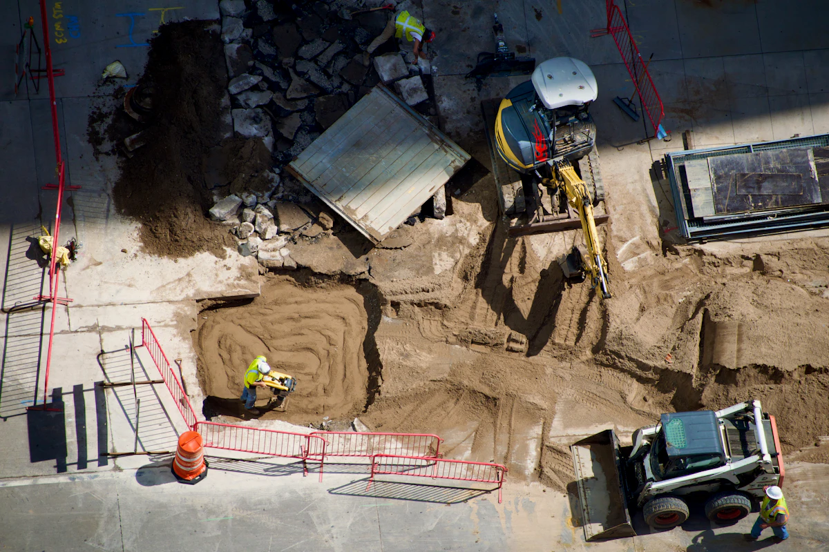 Earthworks and excavation: excavator, compactor and crew on site