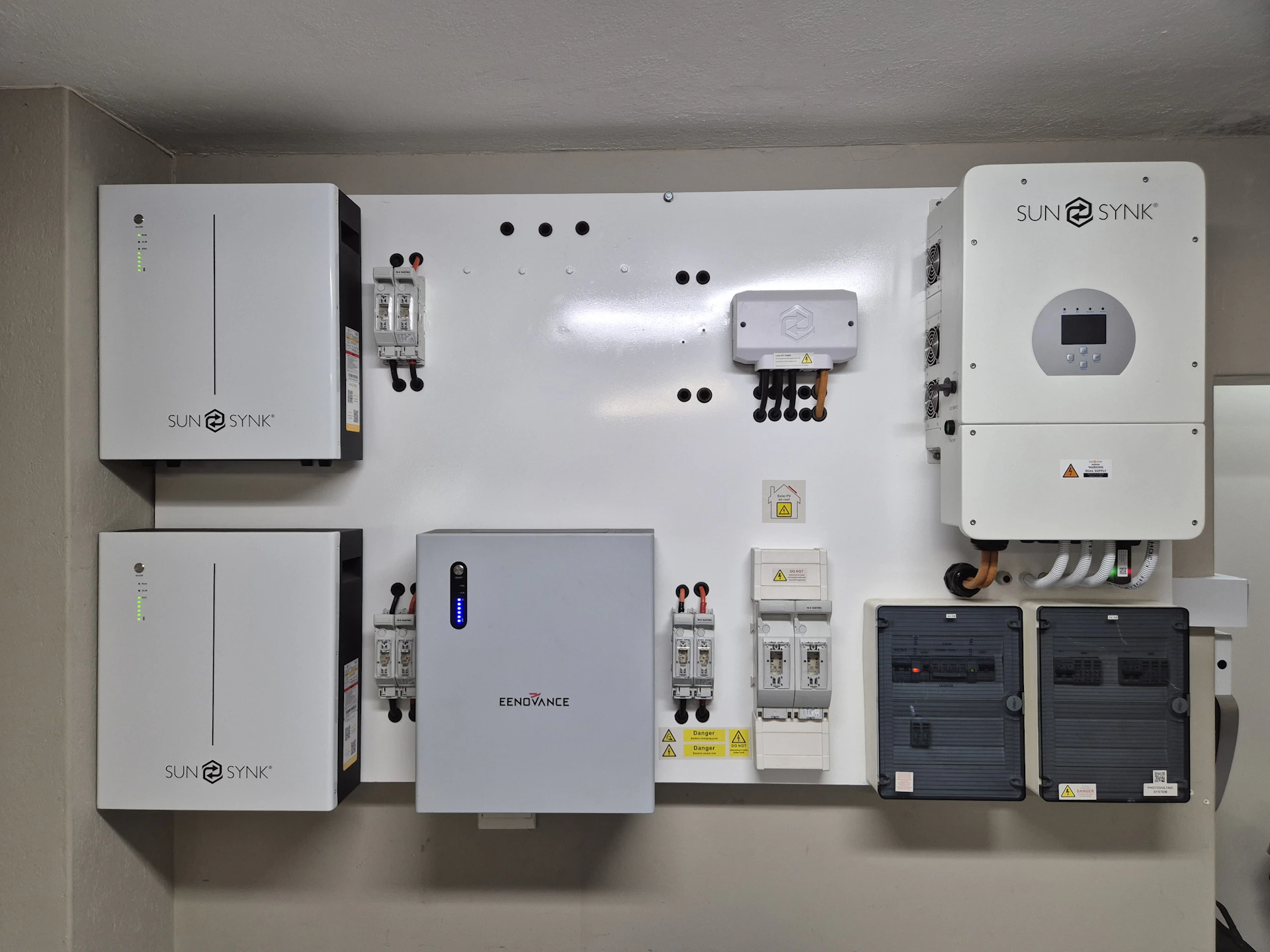 Wall-mounted solar power and energy storage system.