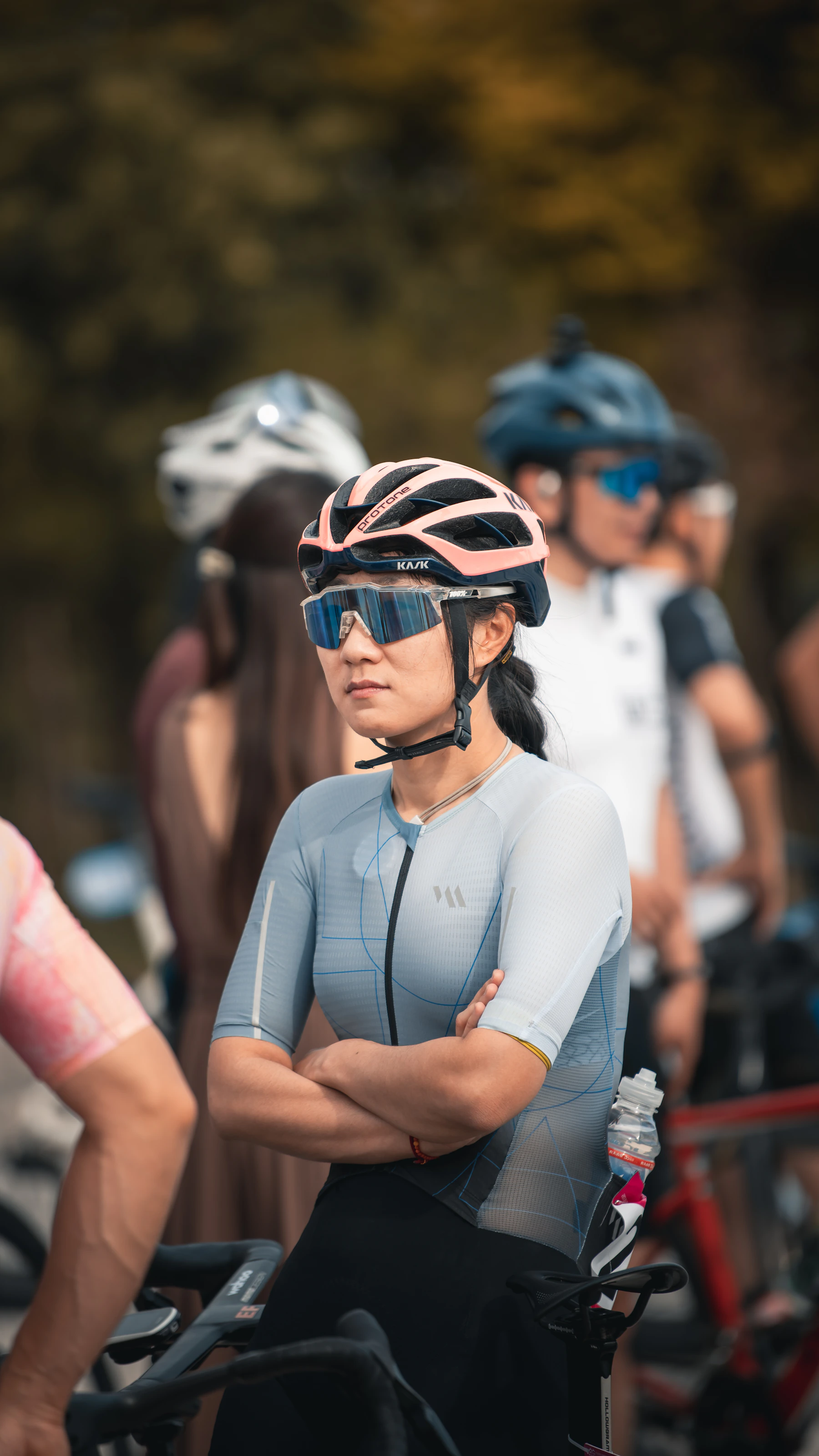 Cyclist wearing a helmet during an outdoor ride