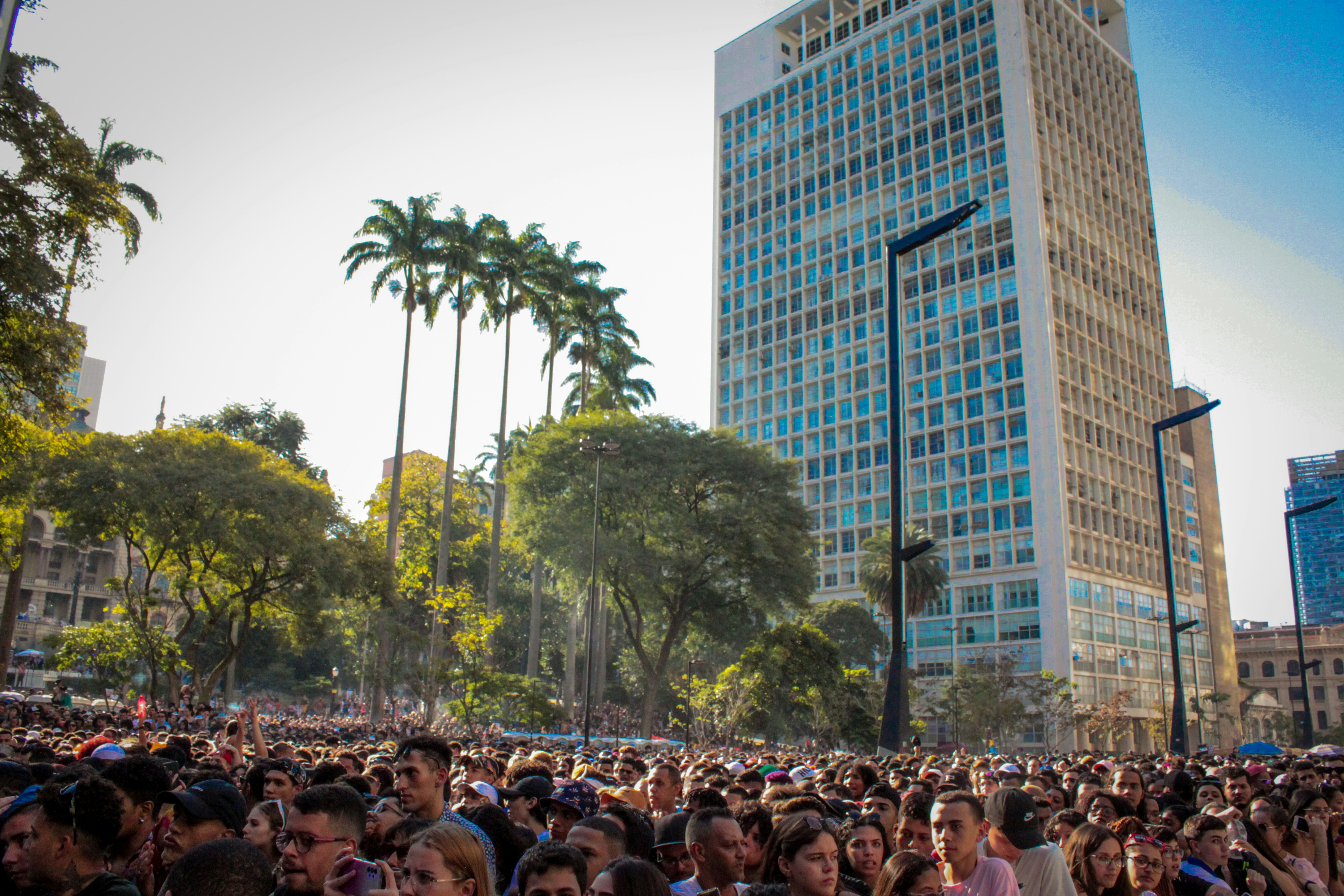 Crowd gathers near tall building and palm trees.