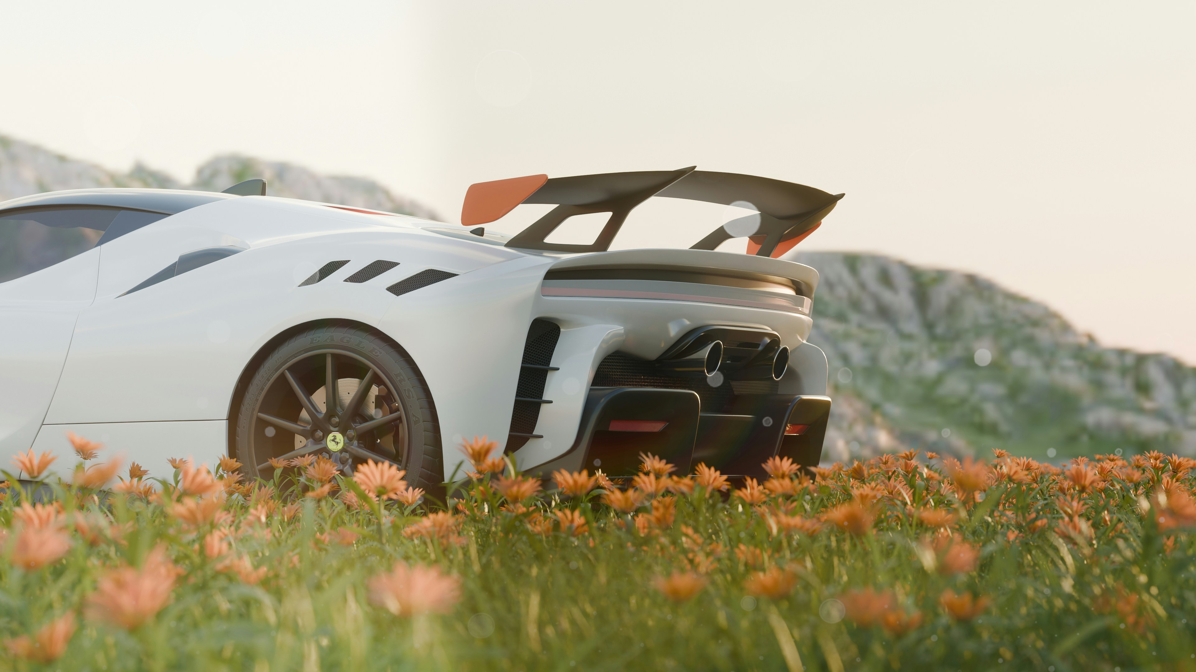 Weißer Sportwagen, der auf einem Feld voller orangefarbener Blumen geparkt ist.