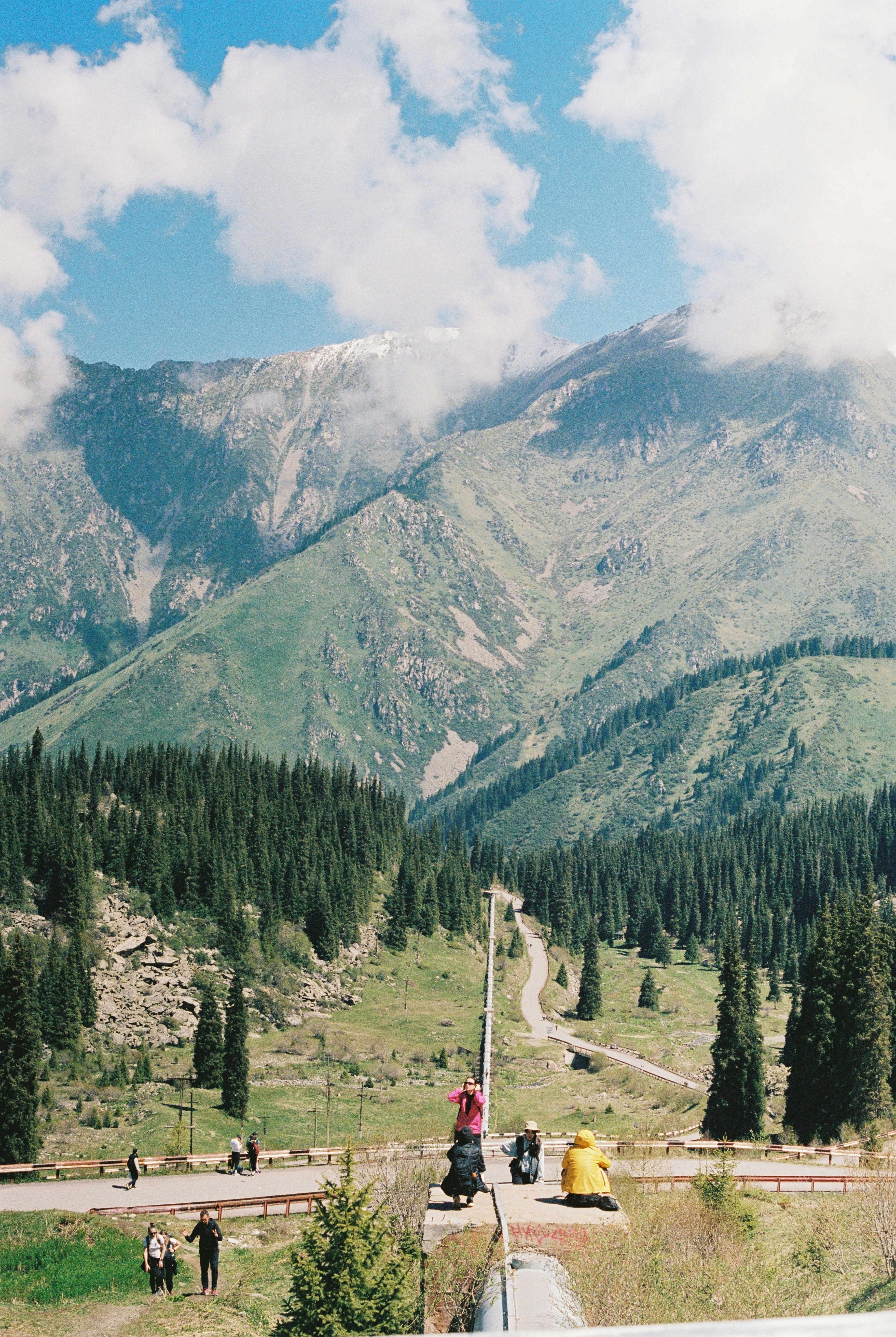 Mountain valley with a winding road, tall trees, and people