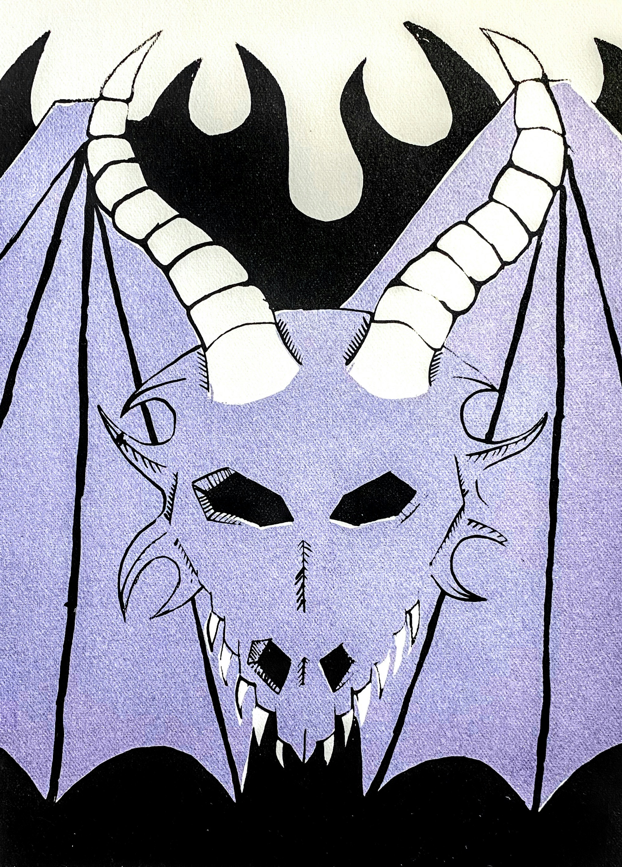 A purple dragon head with horns, fangs, and wings