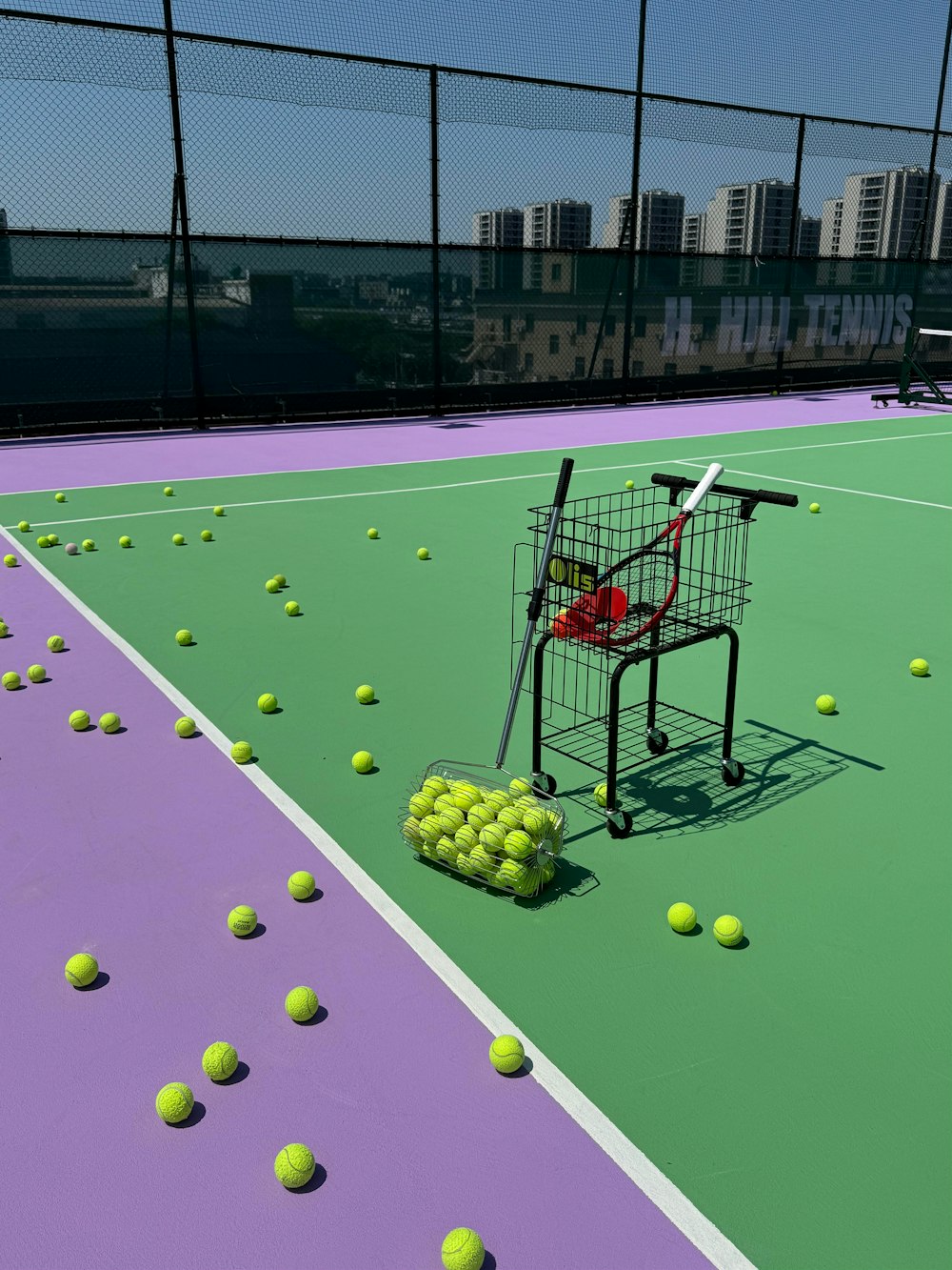 Rackets and balls on court