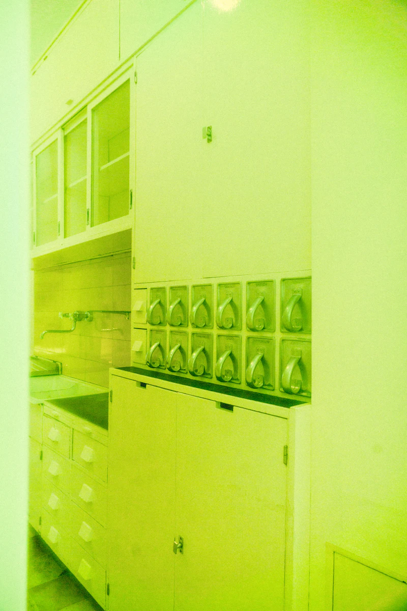 White kitchen cabinets and sink in yellow-green light