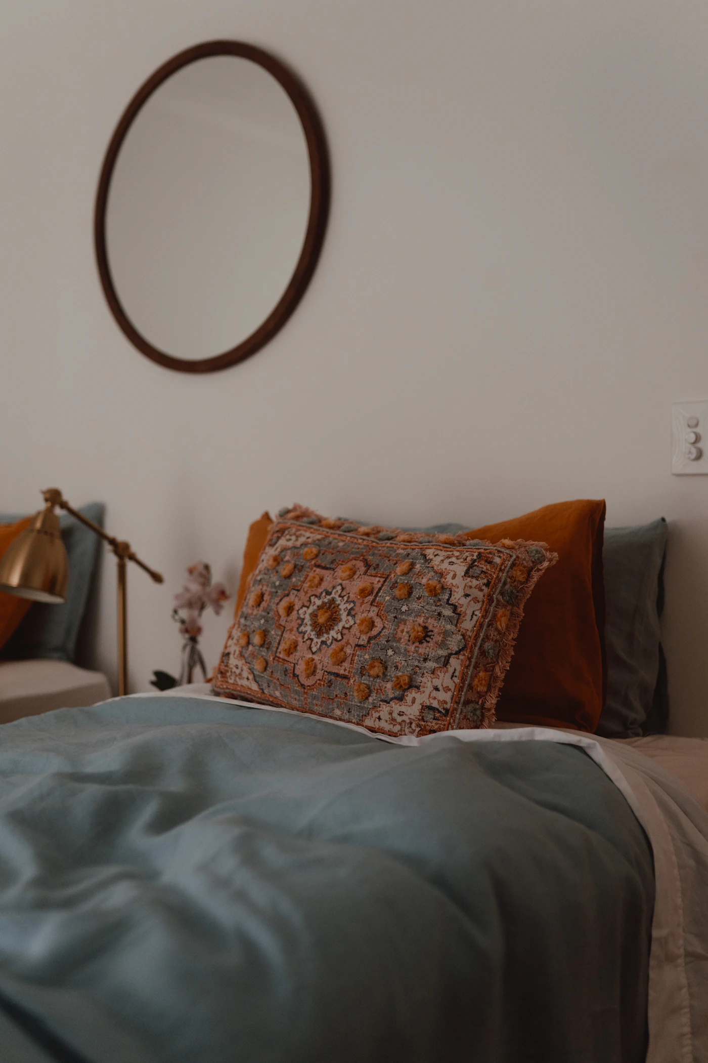 Layered bedding with pillows and blanket