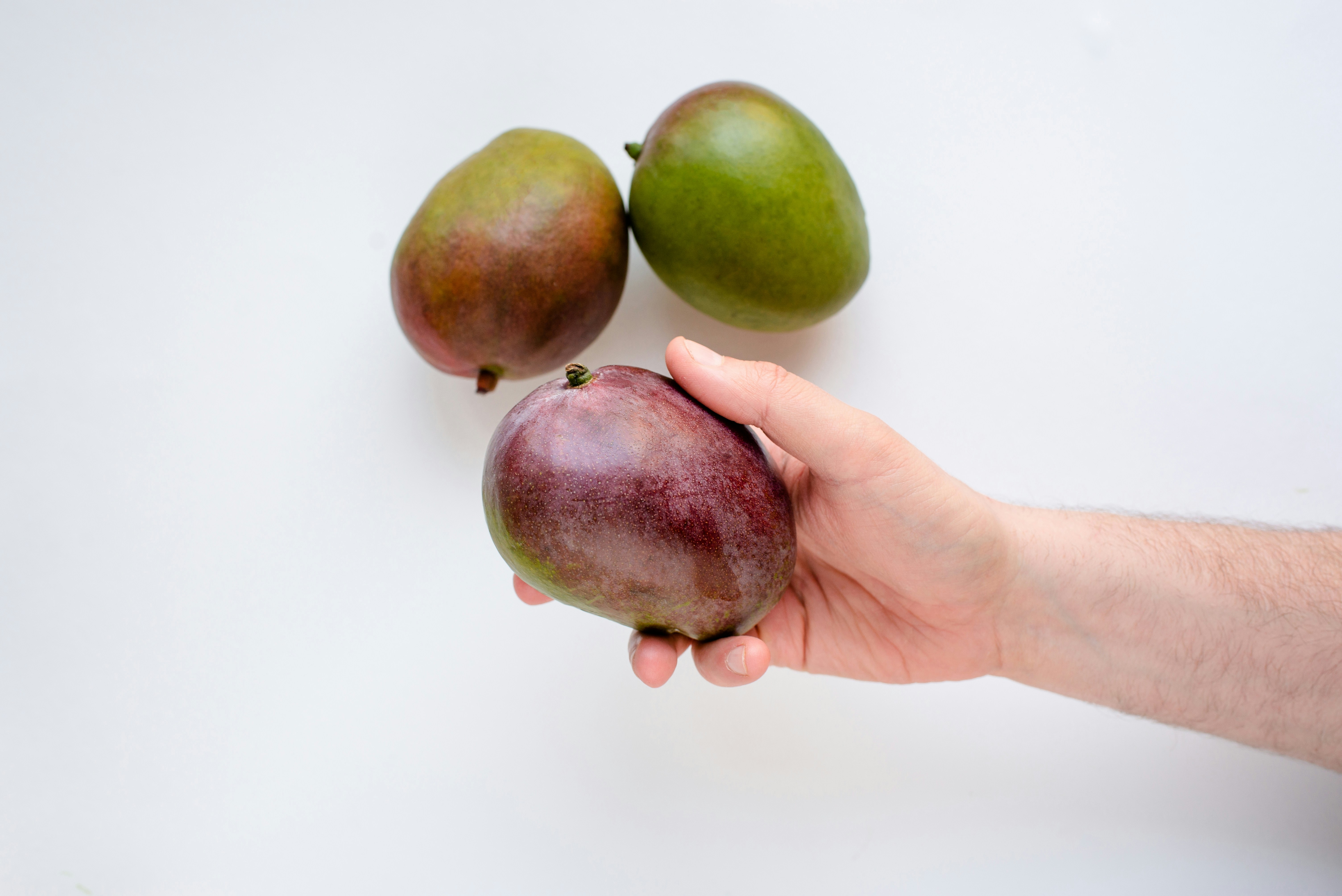 Una mano sostiene un mango morado, con otros dos cerca.
