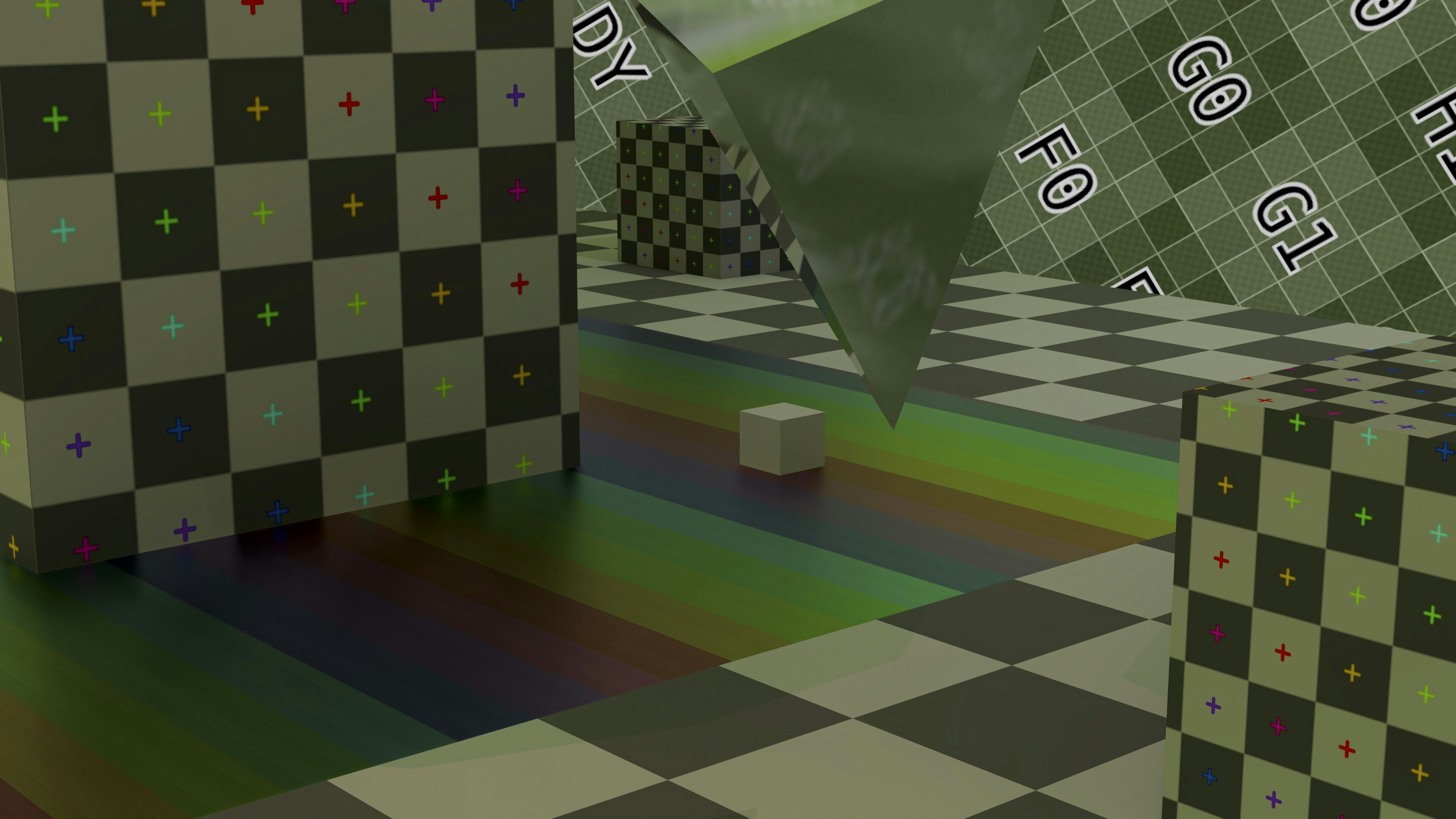Checkered room with rainbow floor and small white cube.