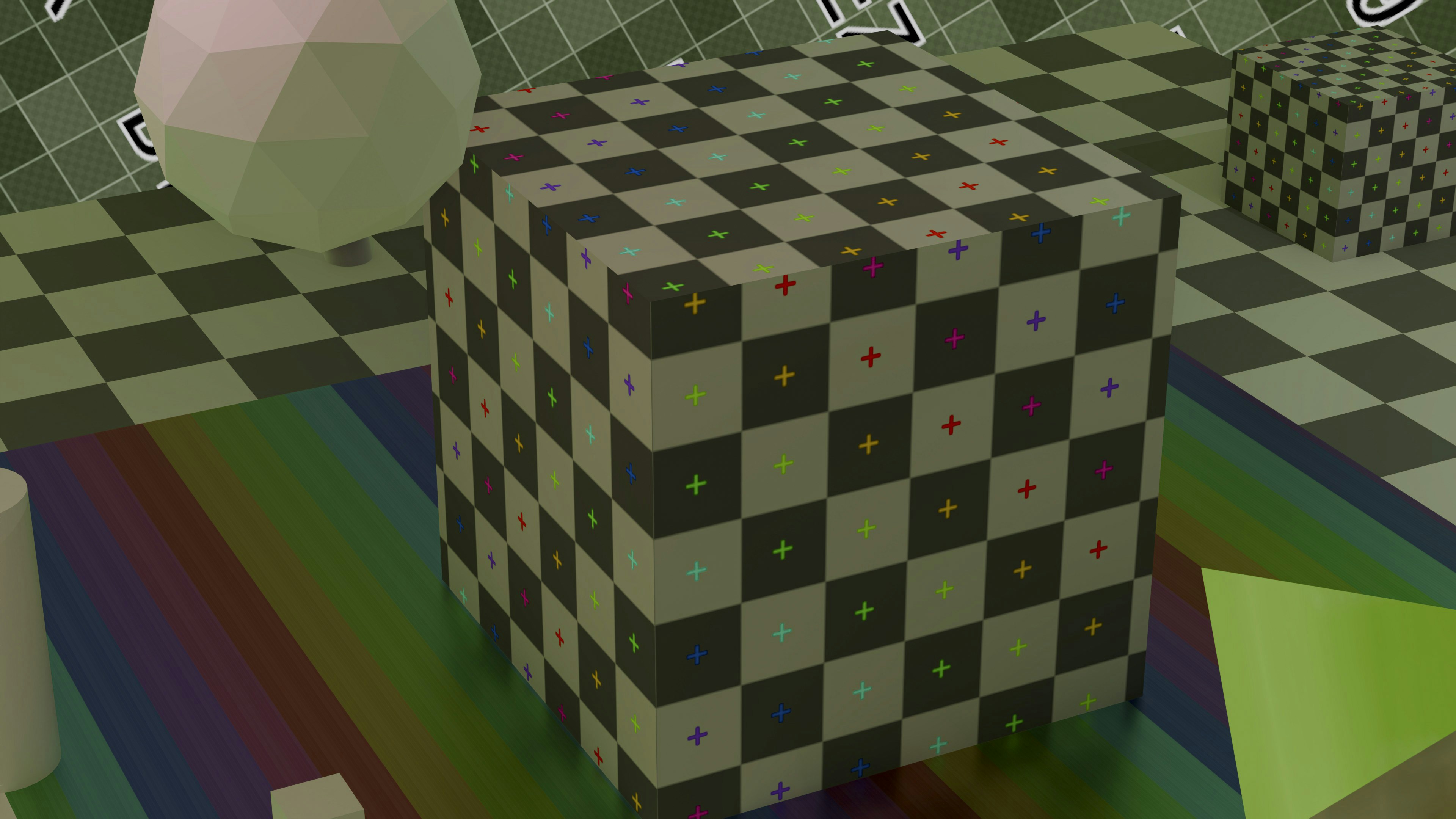 Cubo de tablero de ajedrez con puntos de colores sobre una superficie arcoíris.