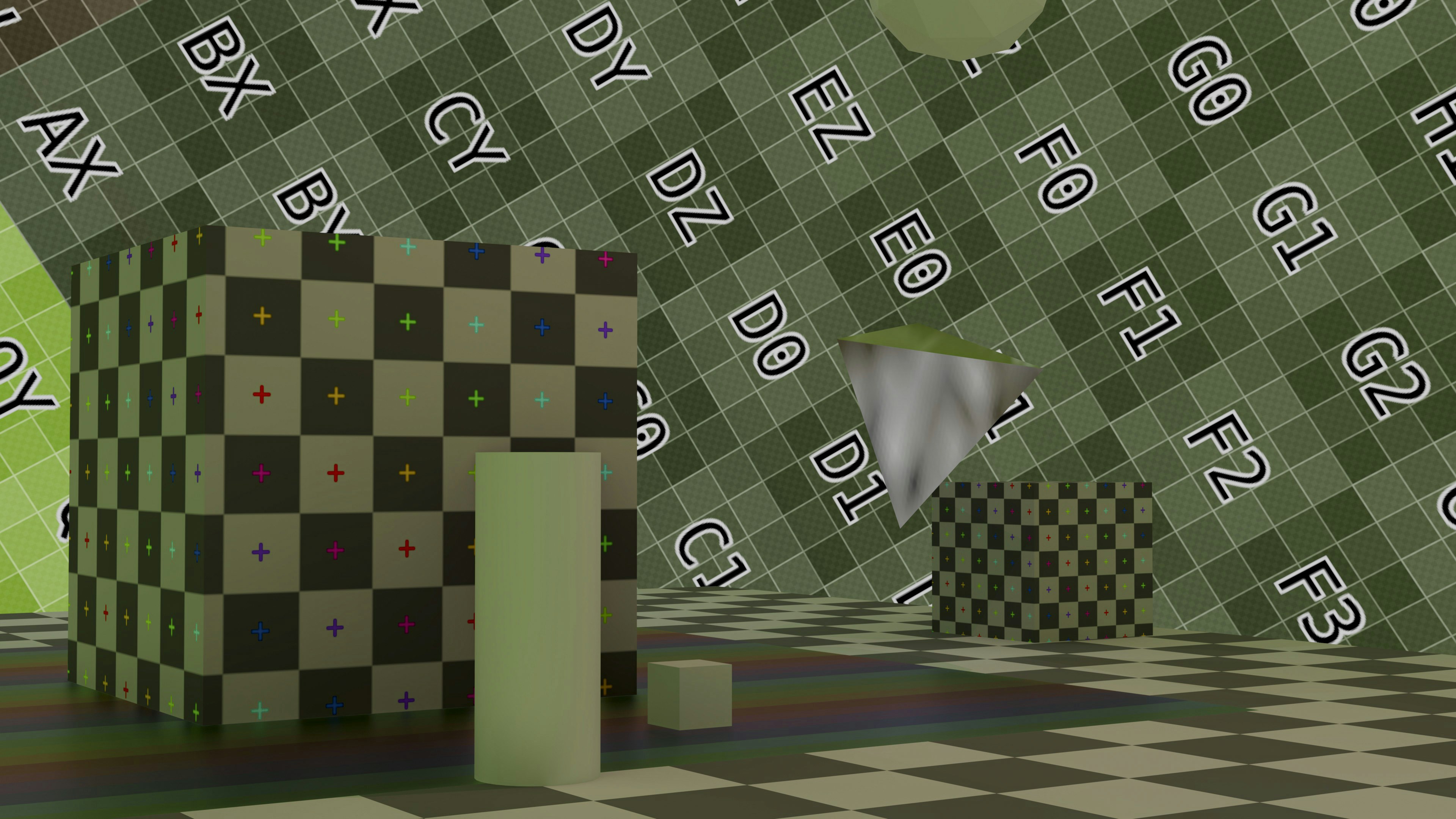 Checkered room with various geometric shapes and alphanumeric patterns.