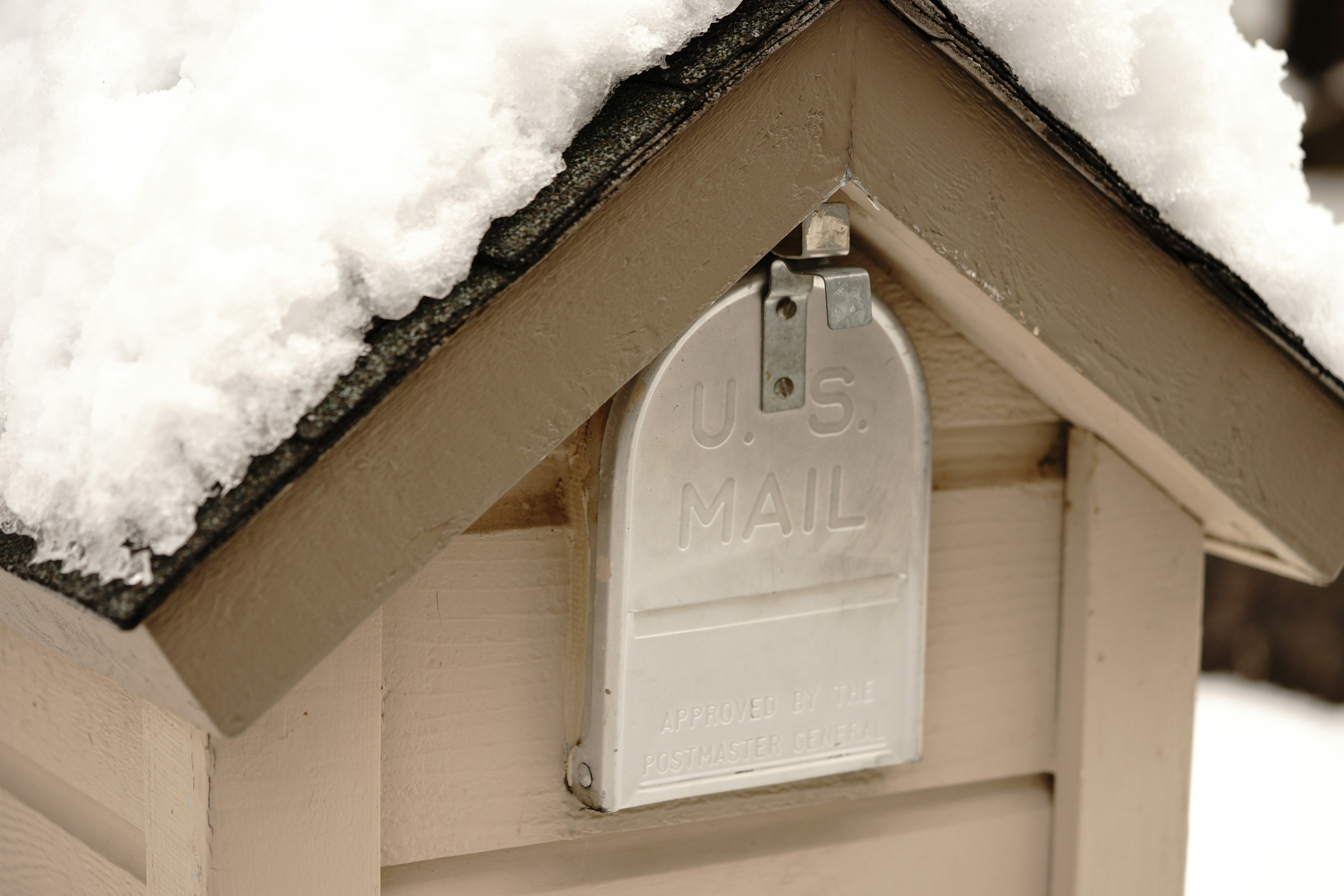 Una cassetta della posta innevata con "US mail" visibile sulla patta.