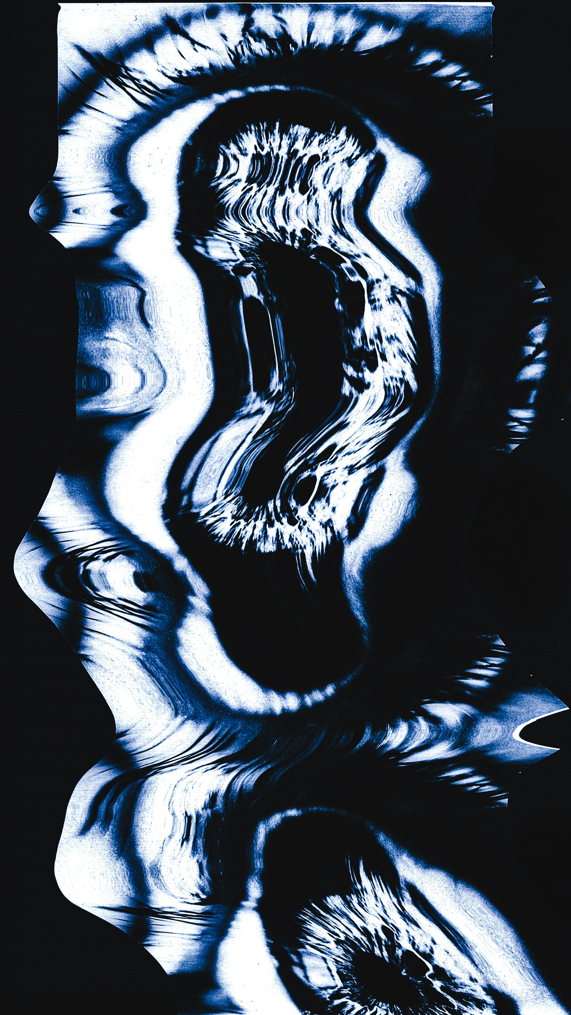 Abstract blue and white distorted organic shapes.