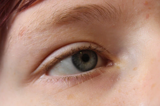 Gray-blue human eye with light brown eyebrow and fair skin
