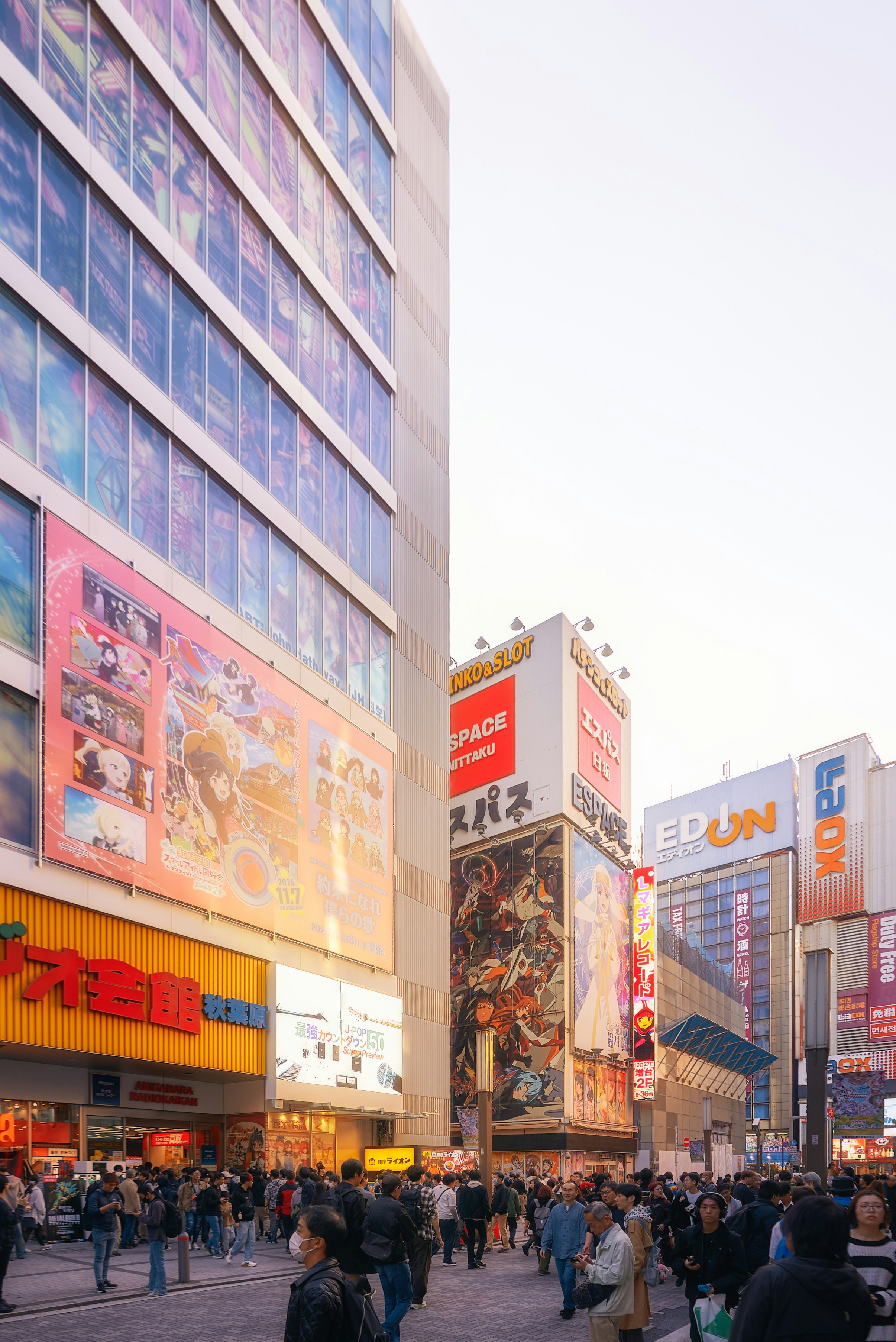 Crowded street in a japanese city with vibrant building advertisements.