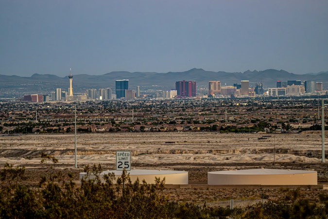 Las Vegas cityscape with mountains in the background at dusk, where Realtor.com ranked the metro No. 69 of 100 on affordability