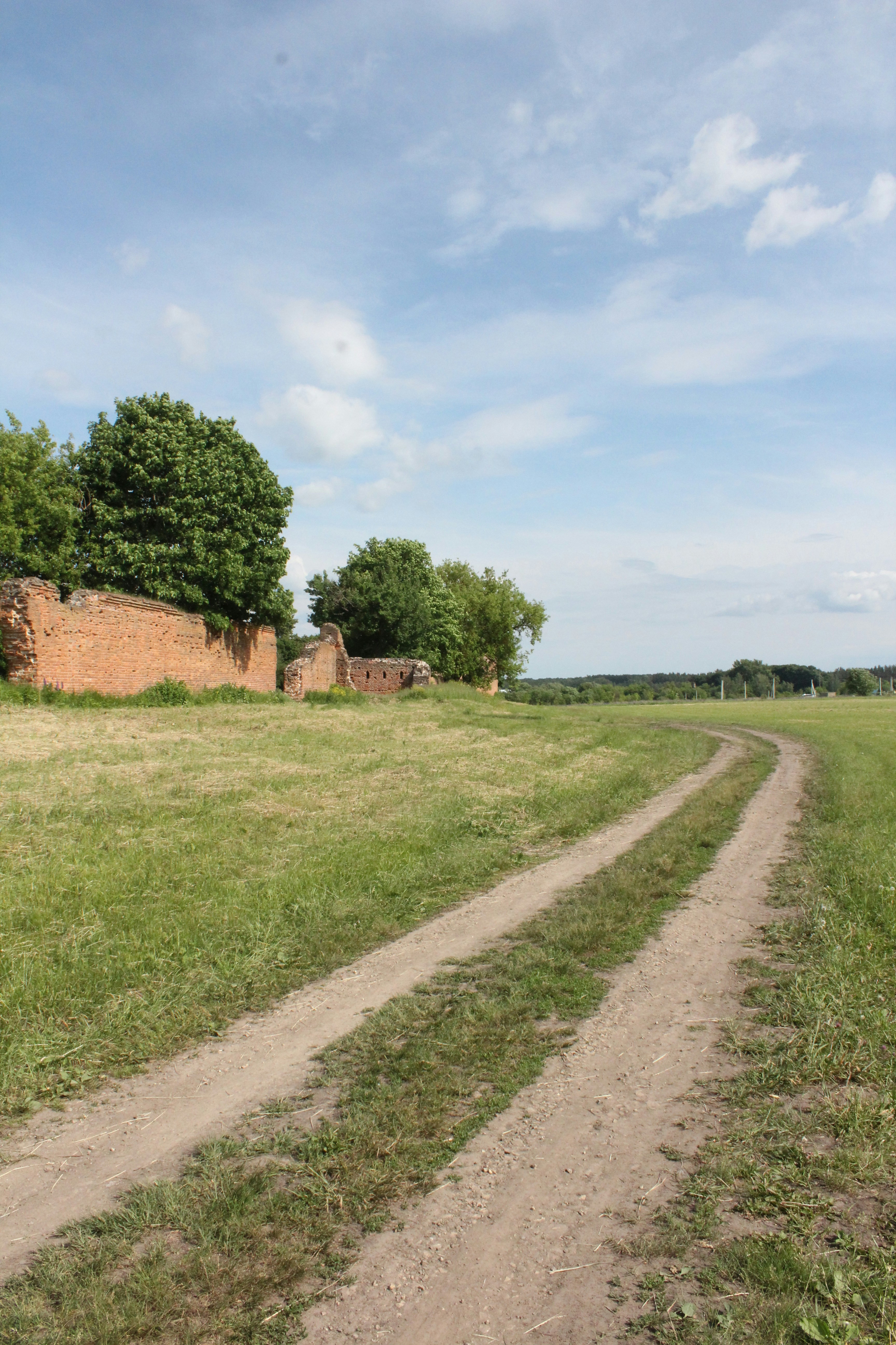 Rural dirt road through green fields with old brick walls.