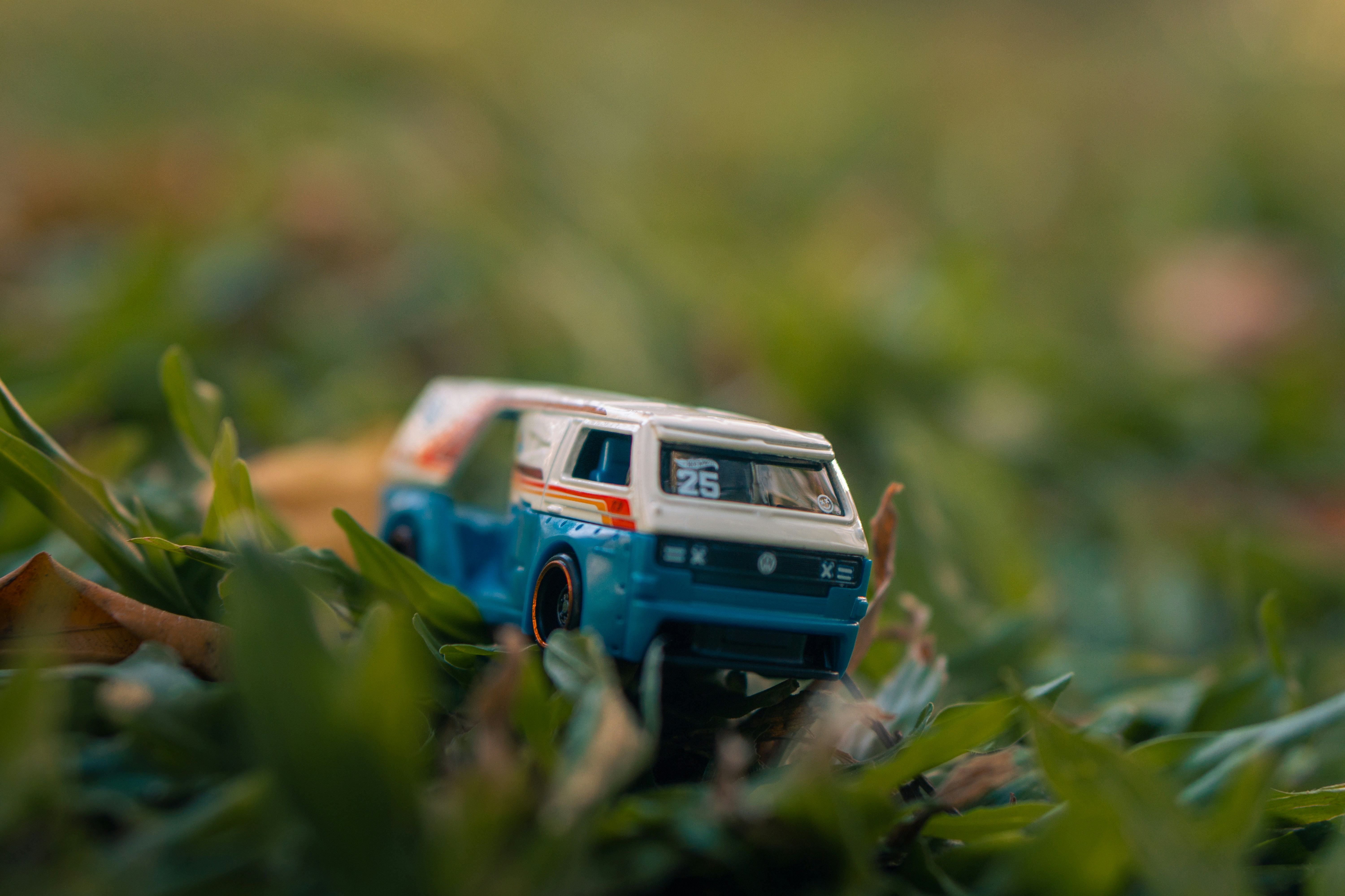 A blue and white toy van sits in green grass.