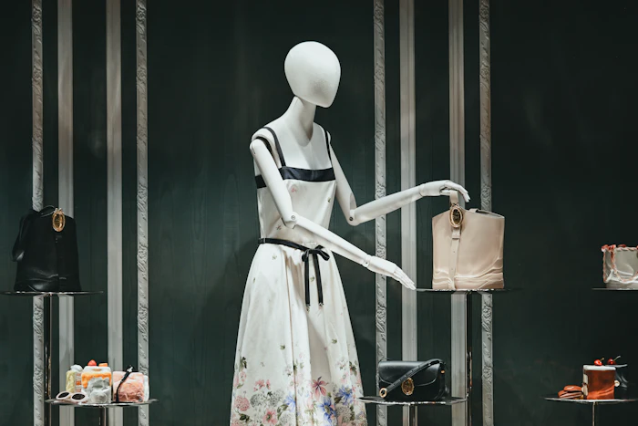 Vitrine de boutique : mannequin en robe blanche brodée présentant un sac à main