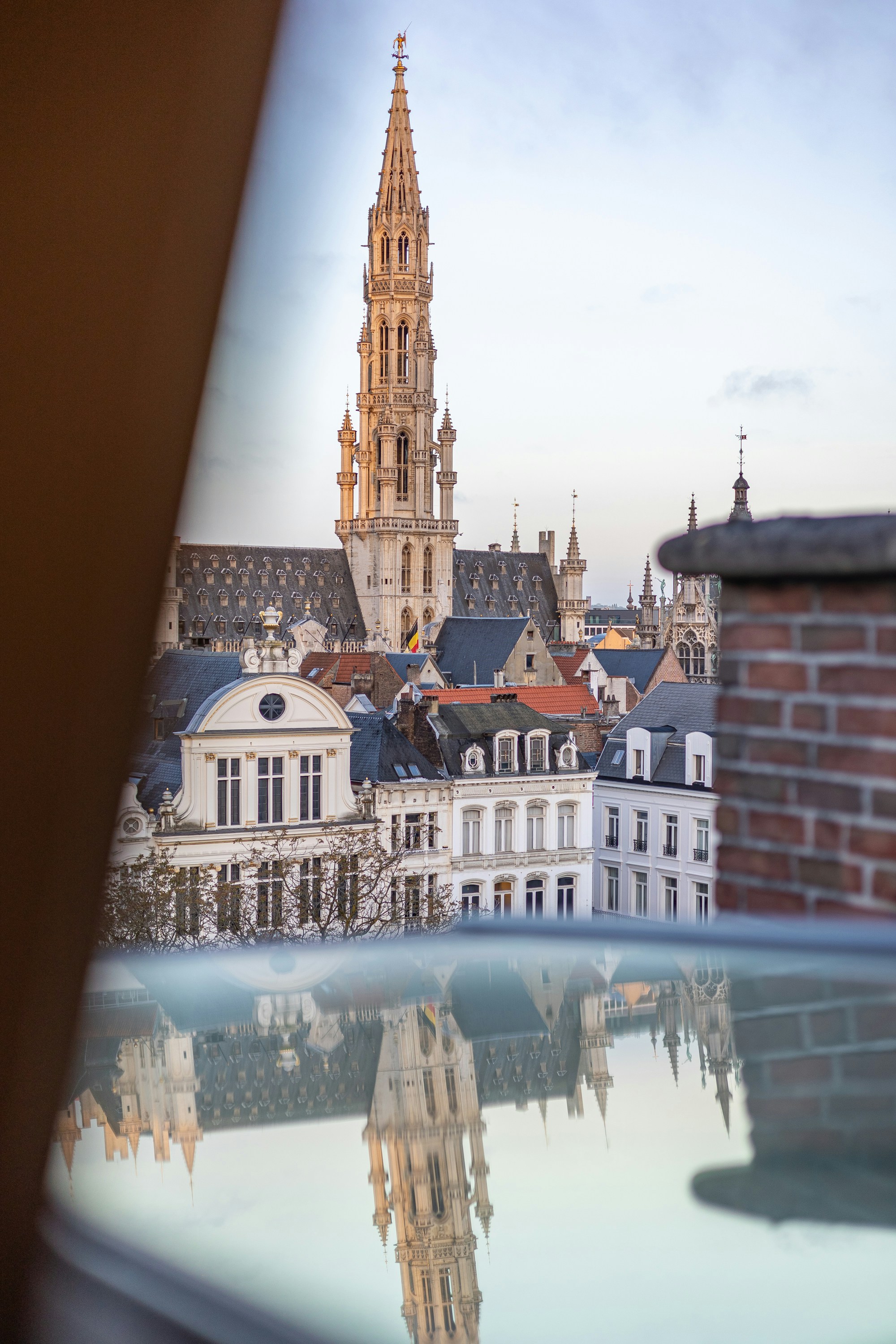 Historic brussels cityscape with a prominent tower reflected on glass.