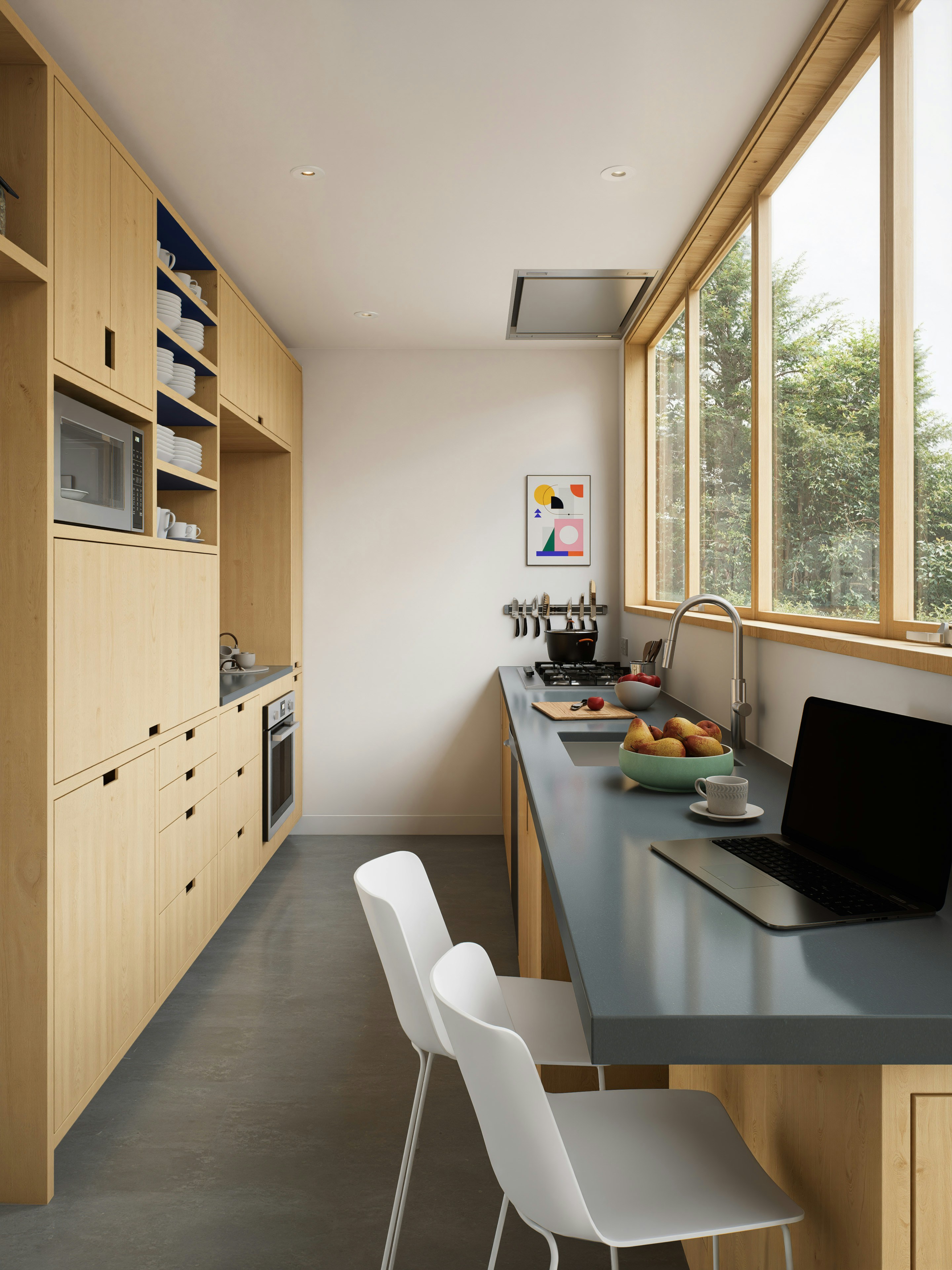 Bright, modern kitchen with wooden cabinets and large windows.