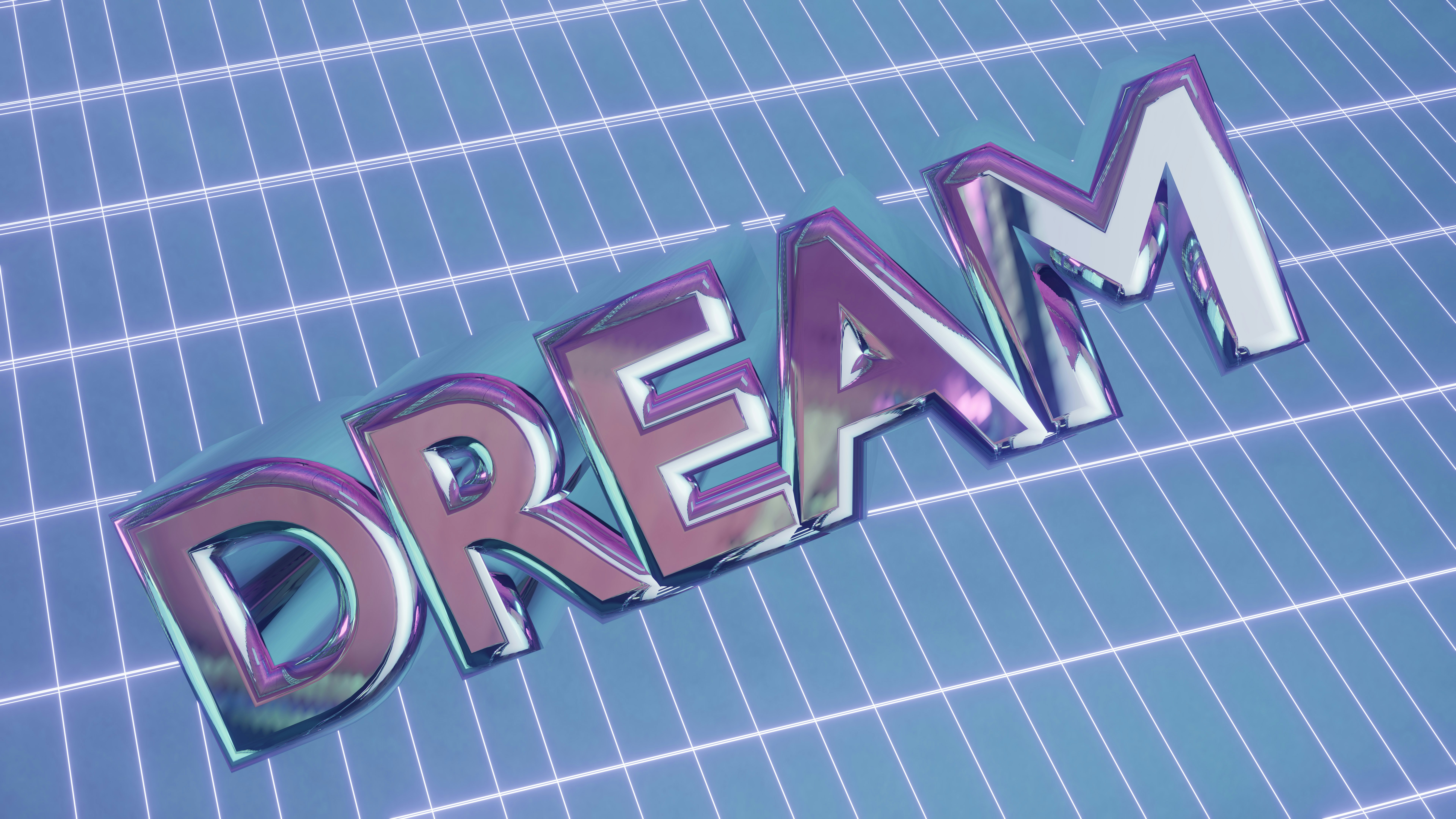 Shiny 3D word dream on a blue grid background.