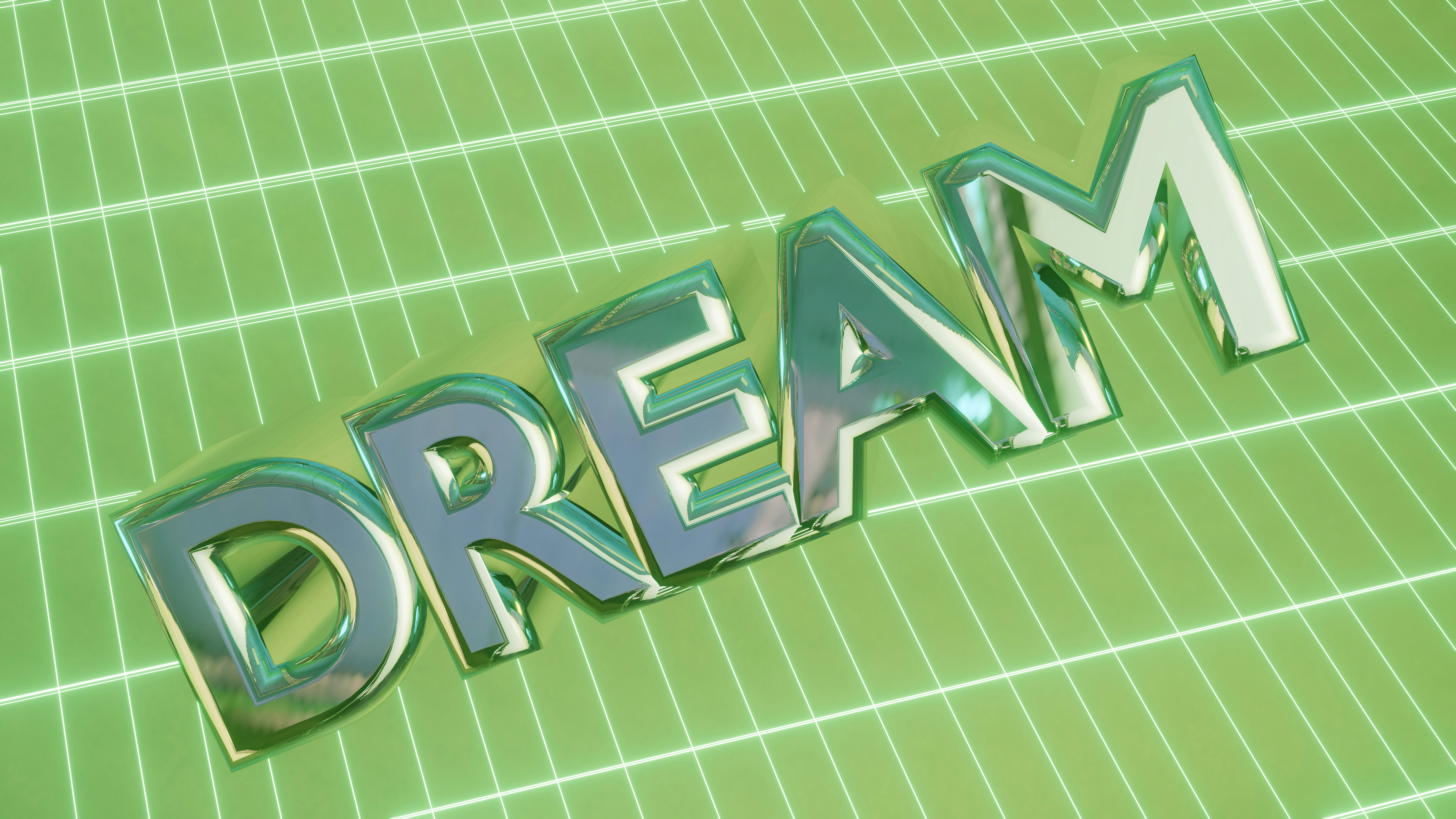 Shiny 3D word dream on a green grid background.