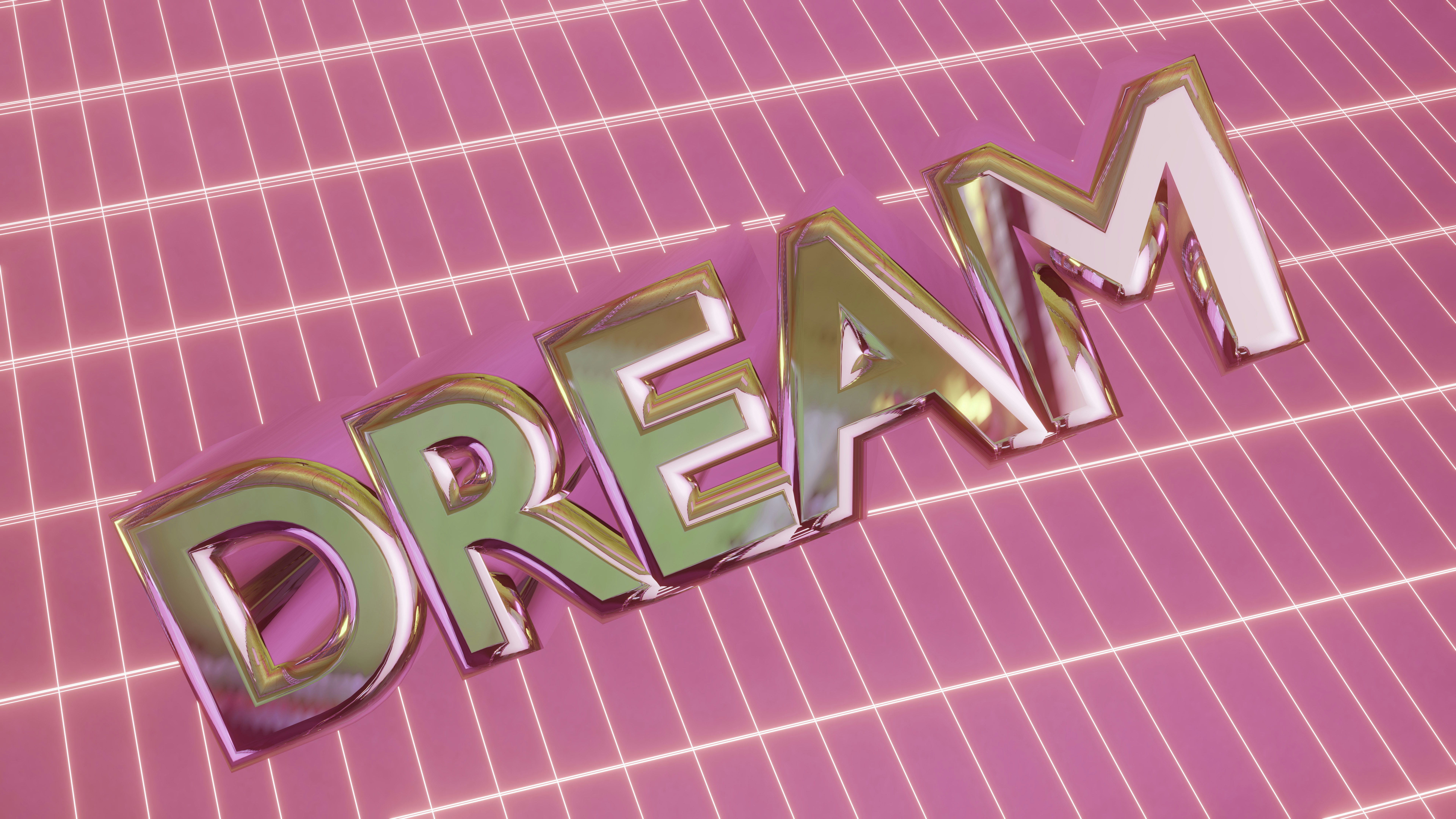 Shiny 3D 'dream' text on a pink grid background