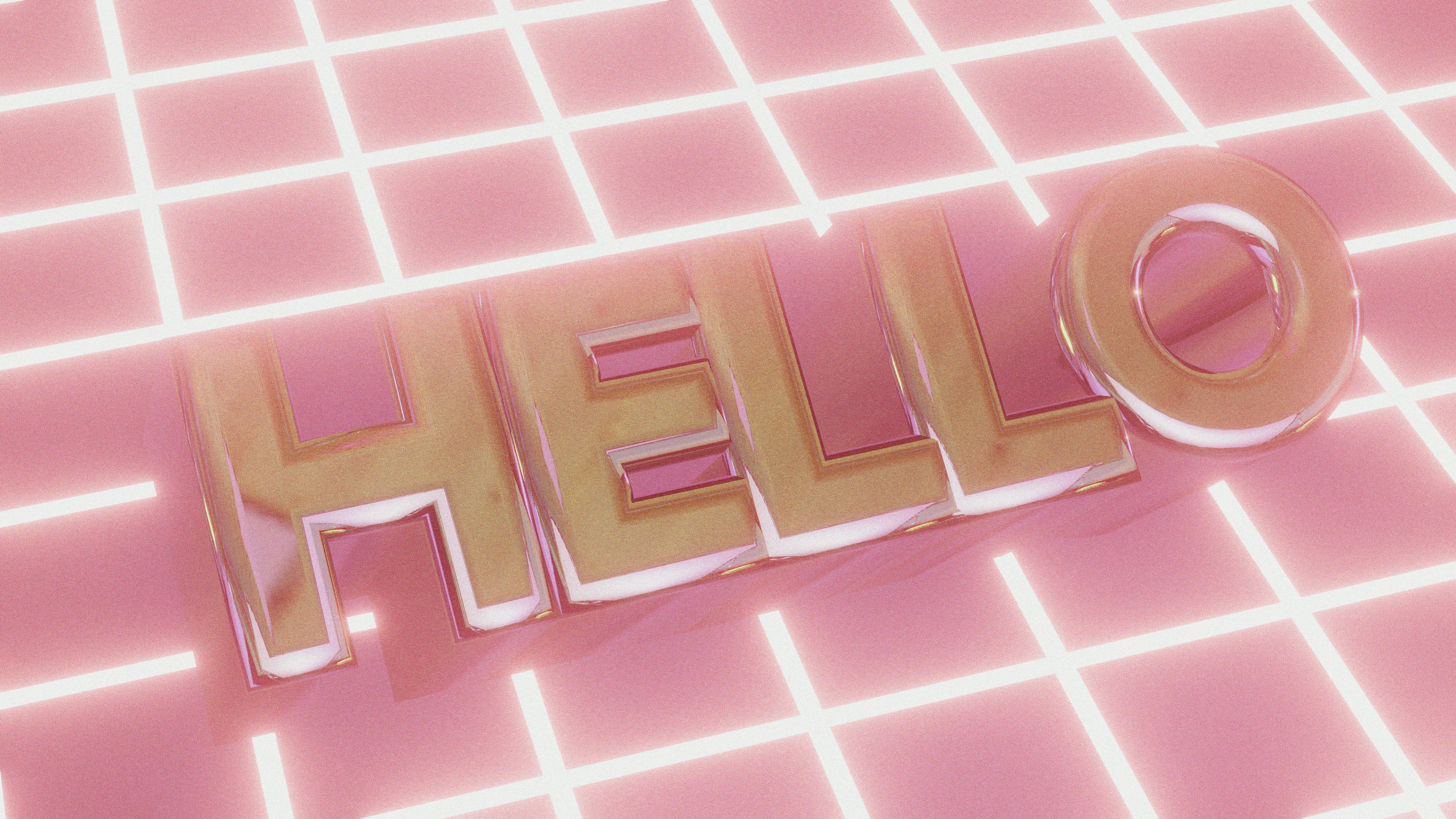 Goldener 3D-"Hallo"-Text auf einem leuchtend pinken Raster.