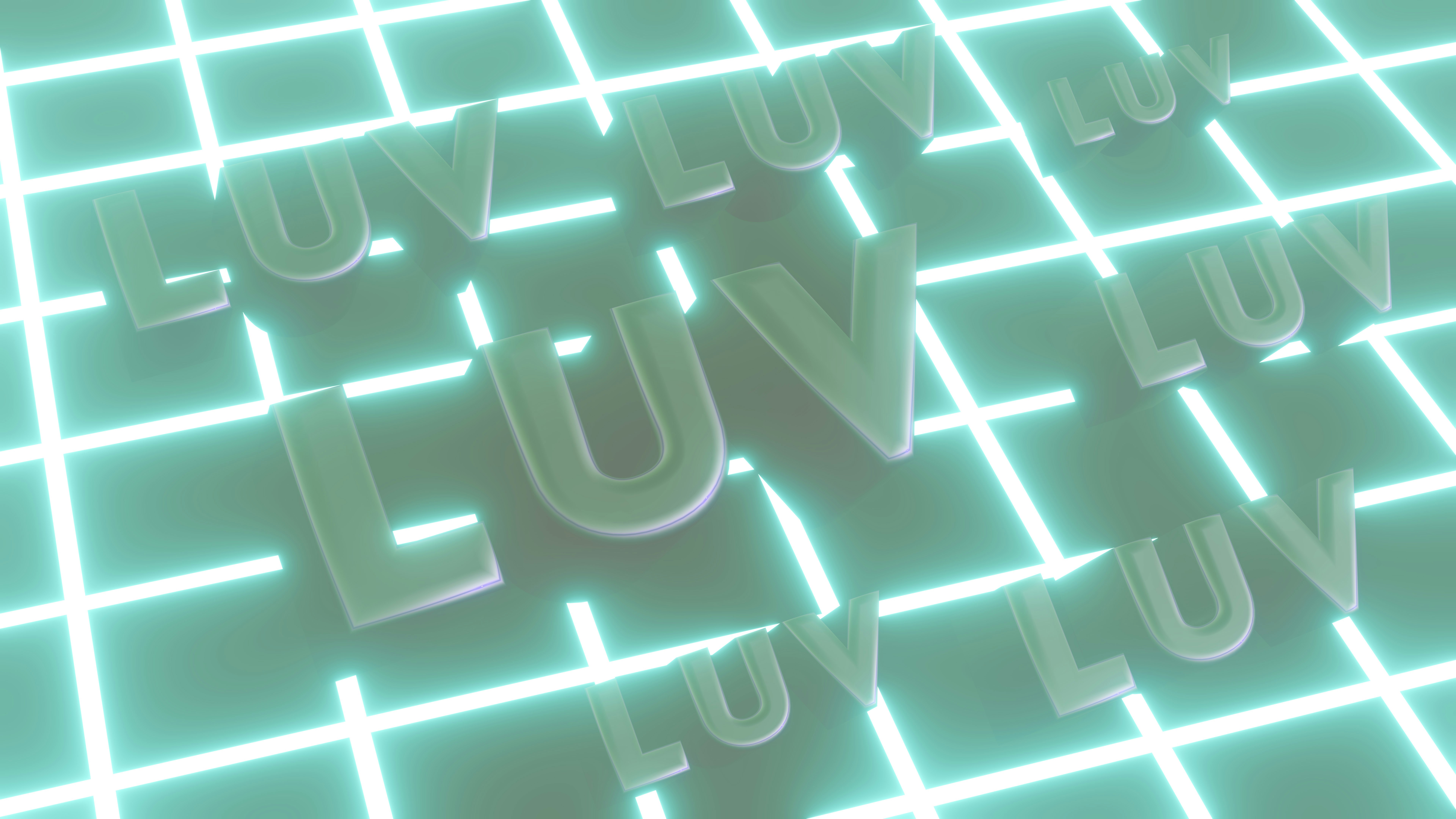 Múltiples palabras 3D 'luv' sobre un fondo de cuadrícula luminoso.