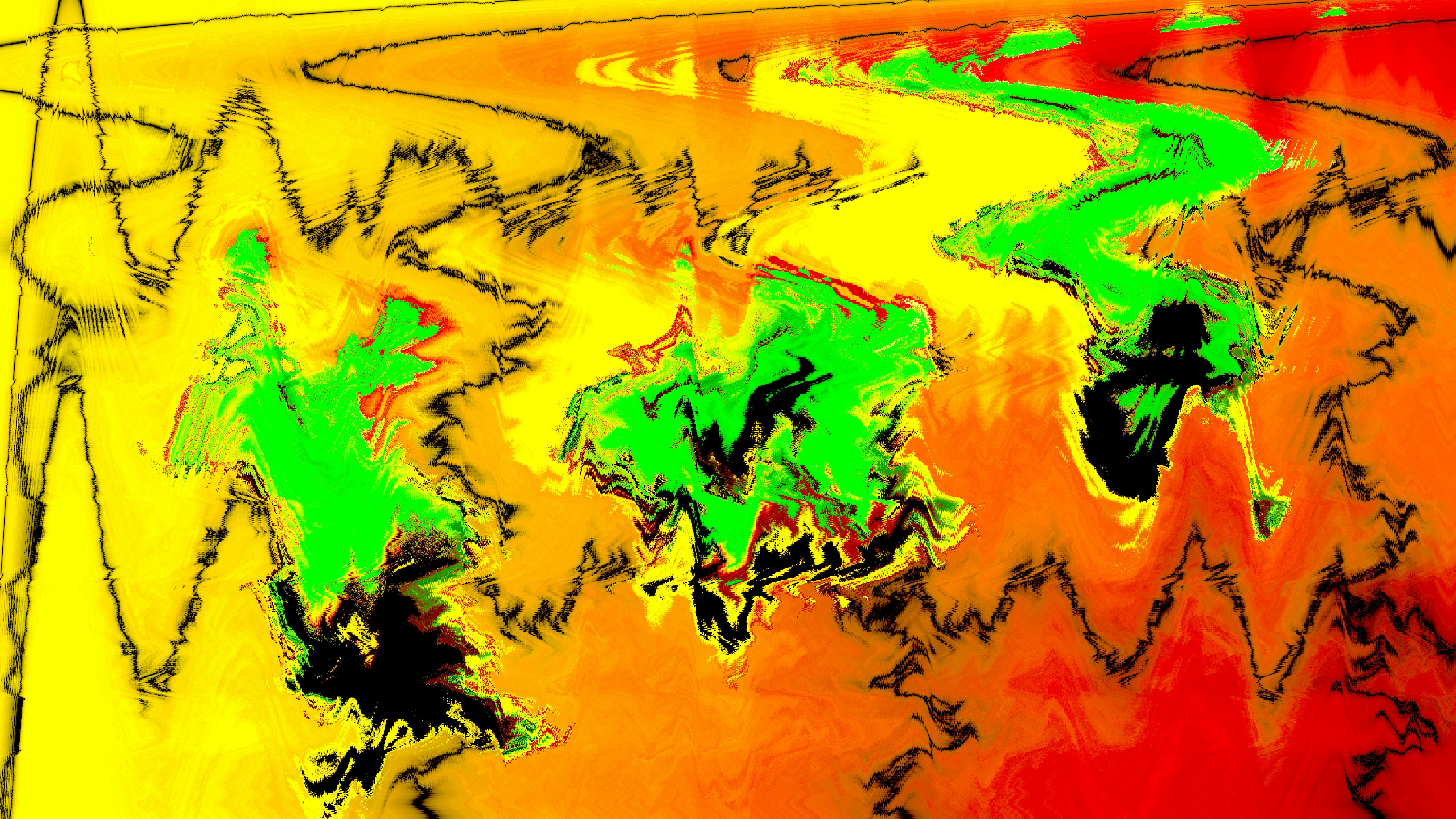 Abstract wavy patterns in yellow, orange, red, and green.