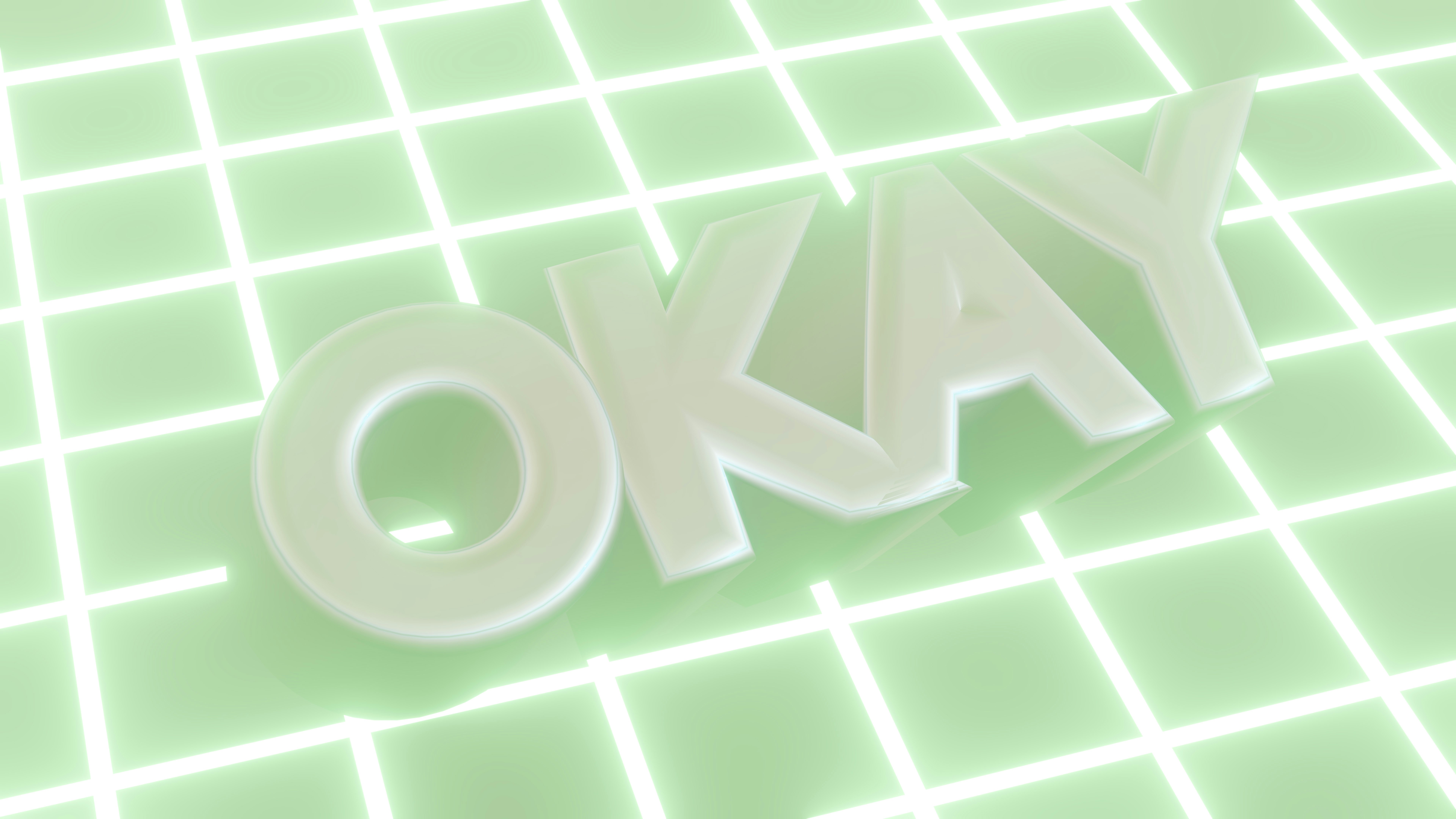 Teks 3D 'oke' pada kisi hijau bersinar
