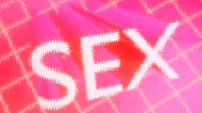 Jagged white "sex" text on a vibrant pink grid background