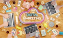 Hands, laptops, and marketing icons surround a 'digital marketing' cloud.