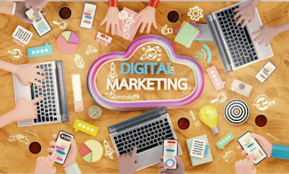 Hands, laptops, and marketing icons surround a 'digital marketing' cloud.