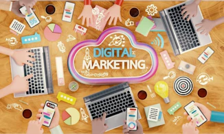Hands, laptops, and marketing icons surround a 'digital marketing' cloud.