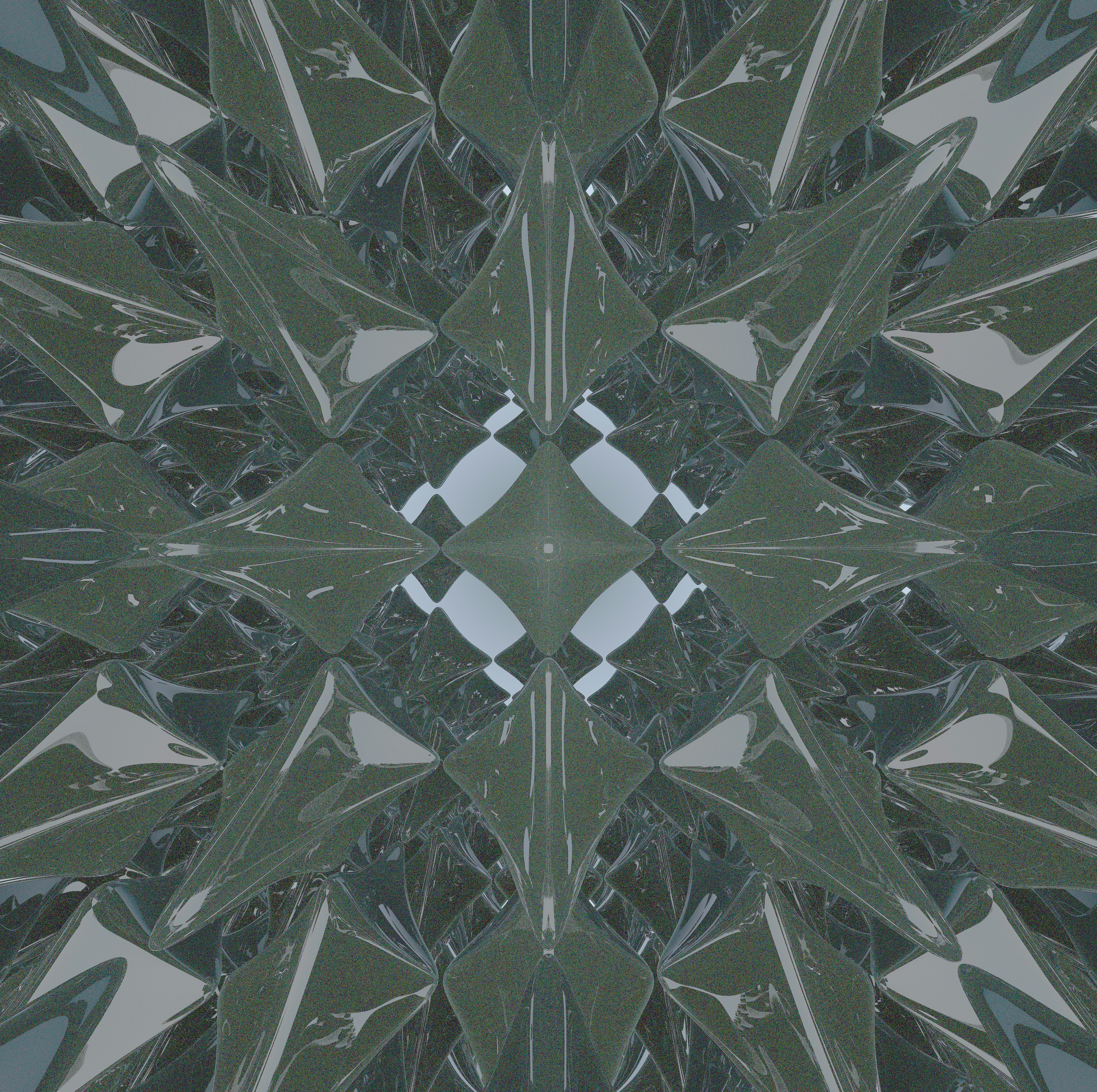 Abstract symmetrical pattern of reflective grey geometric shapes.