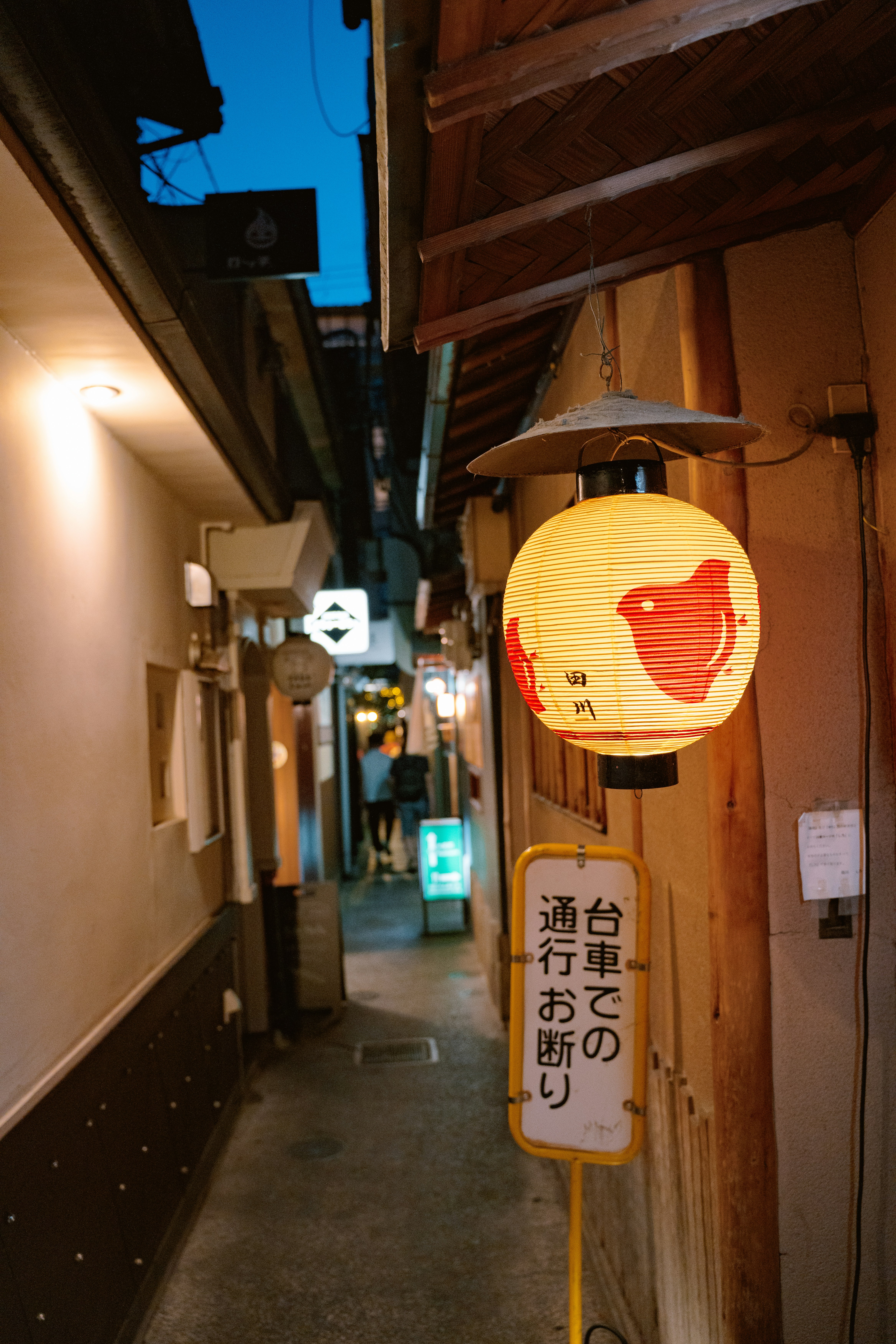 A narrow japanese alleyway illuminated by lanterns at dusk.